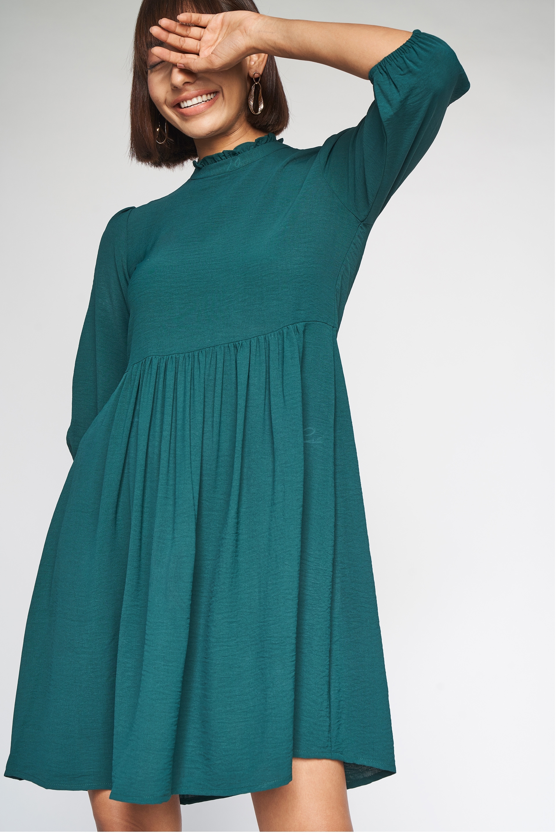 AND | Green Solid Fit and Flare Dress