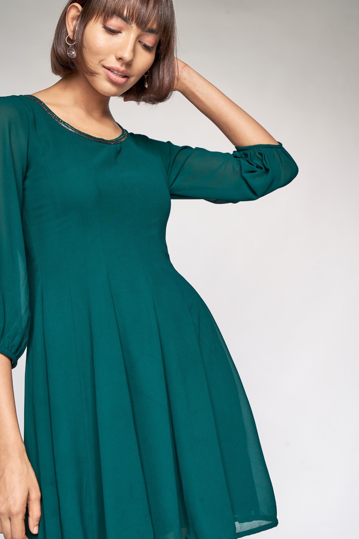 AND | Emerald Green Solid Fit and Flare Dress
