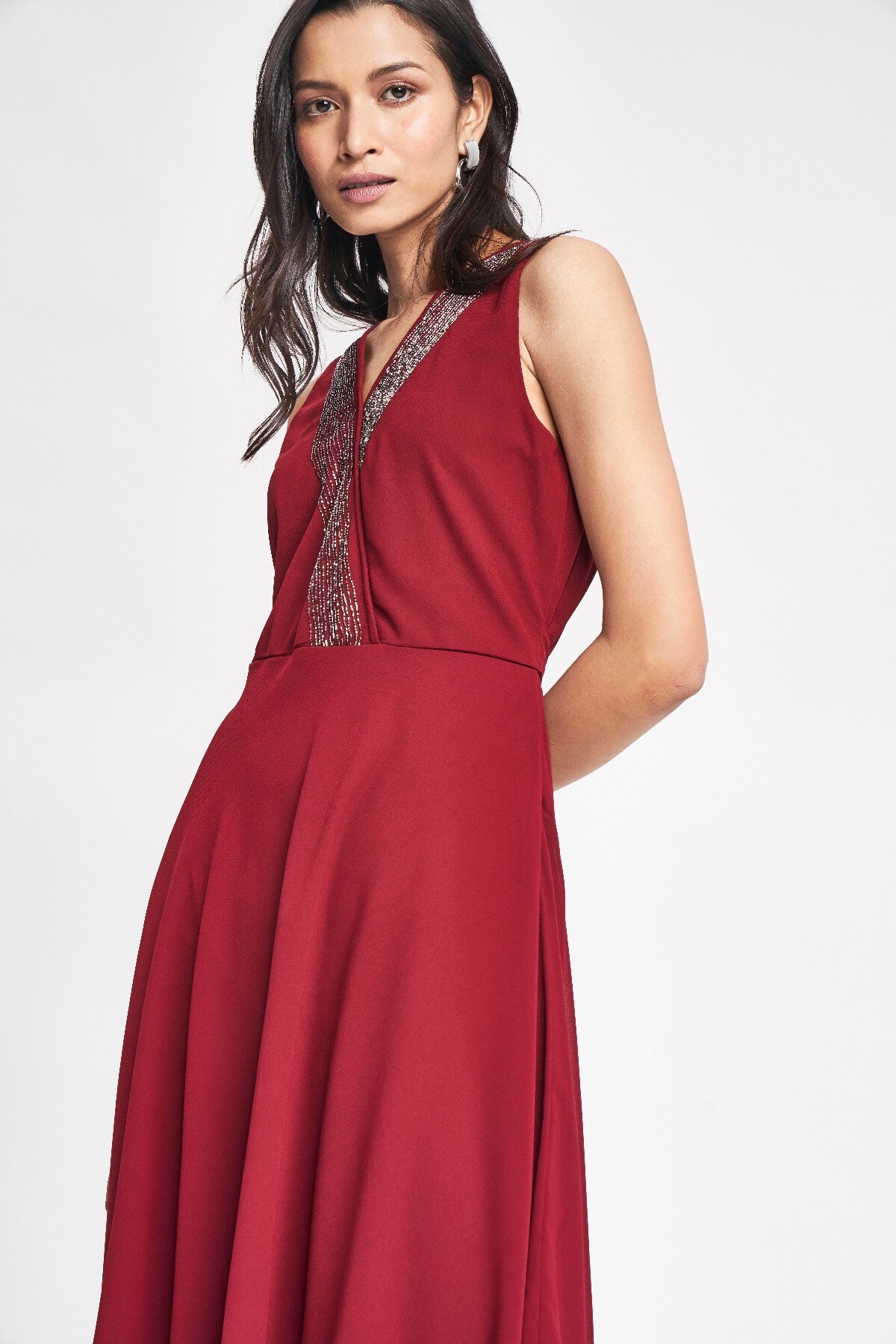 AND | Maroon Solid Embroidered Fit & Flare Dress