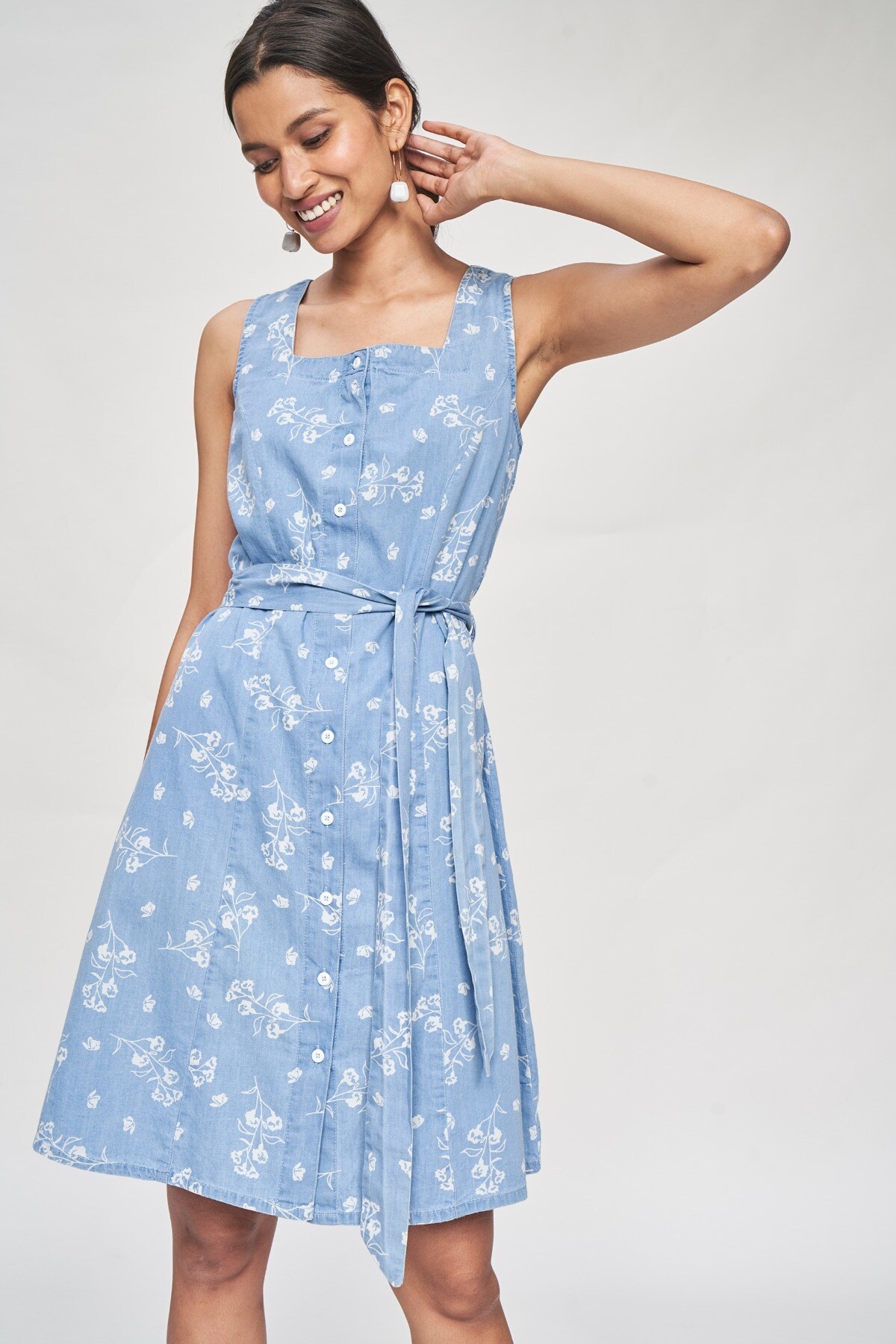 AND | Light Blue Floral Printed A-Line Dress