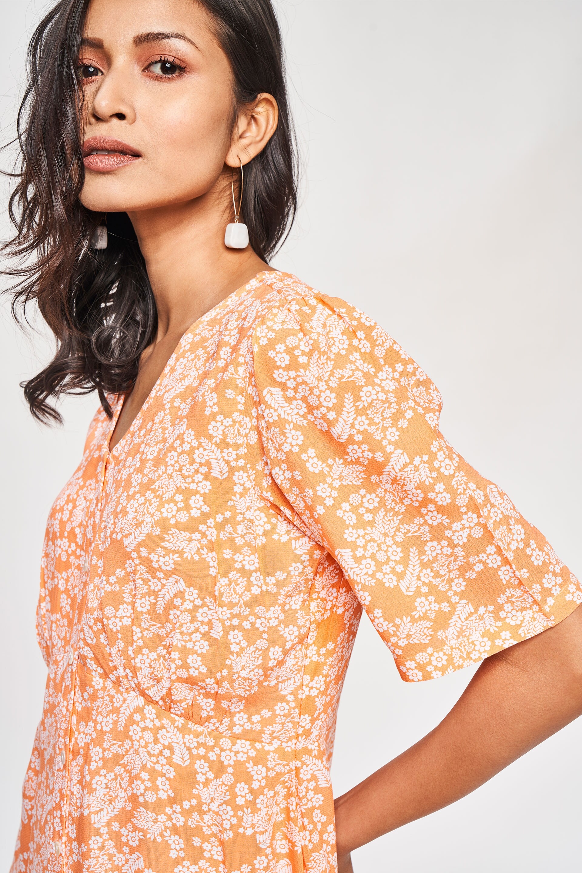 AND | Orange Floral Printed Fit And Flare Dress