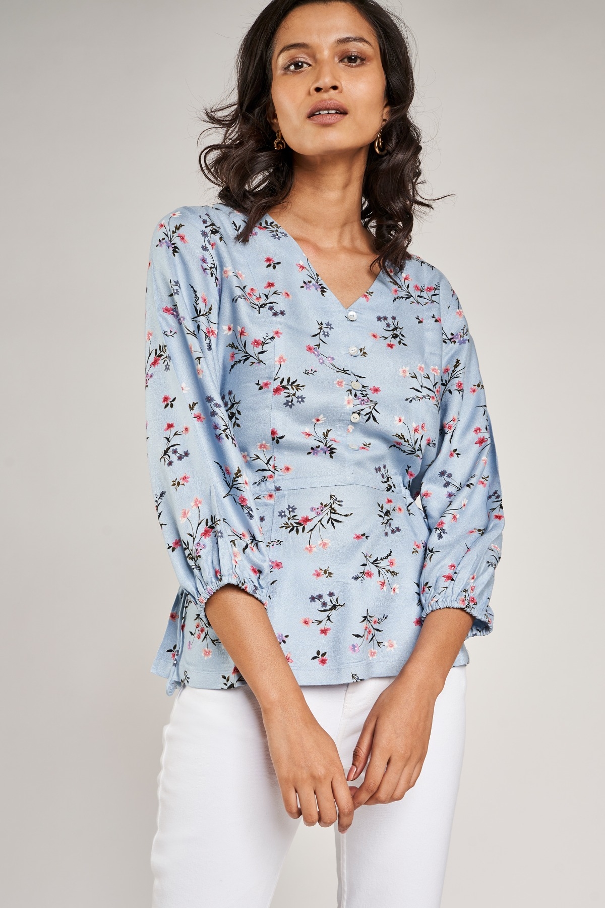 AND | Powder Blue Floral Printed Peplum Top