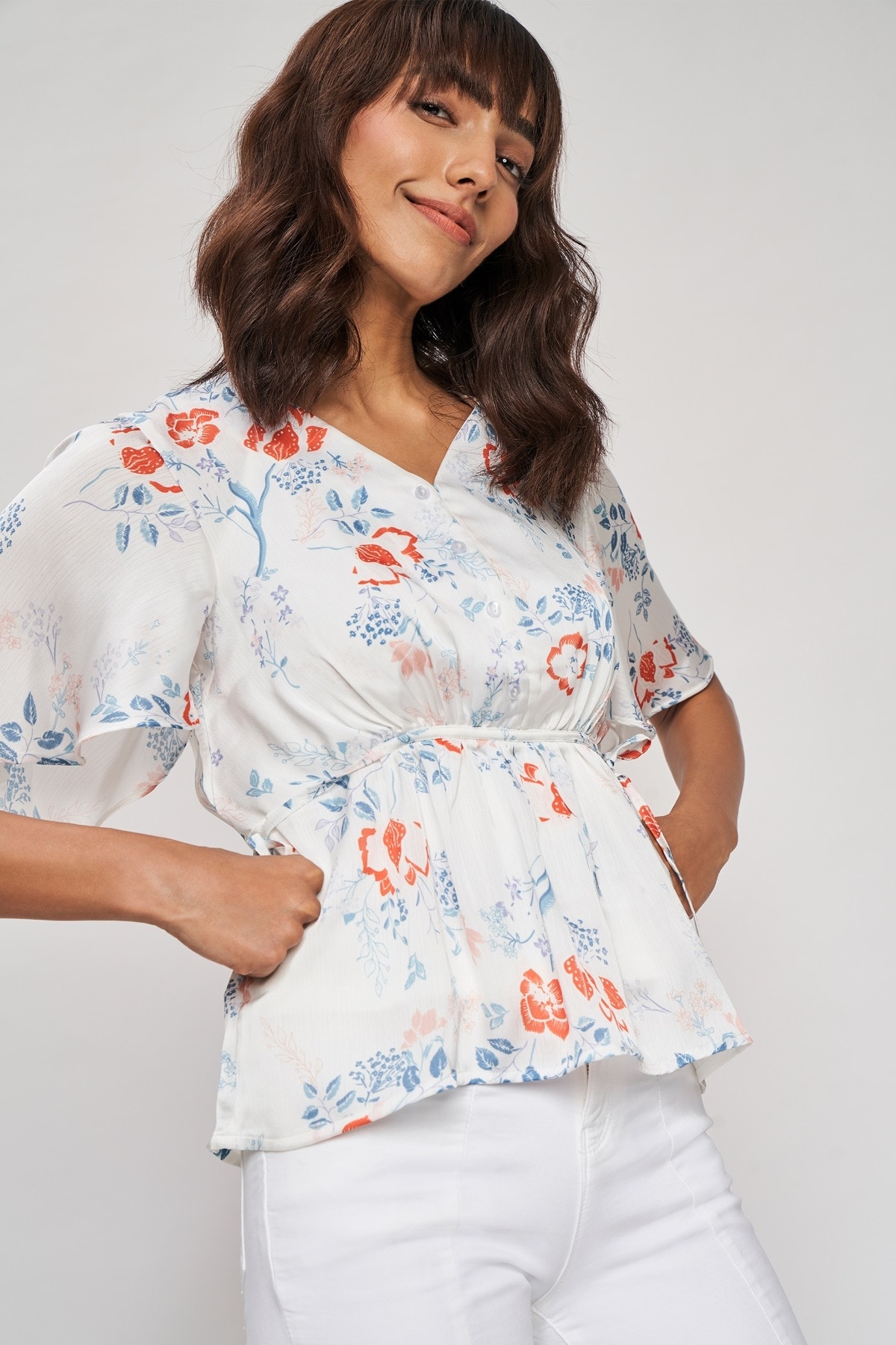 AND | White Floral Printed Fit And Flare Top