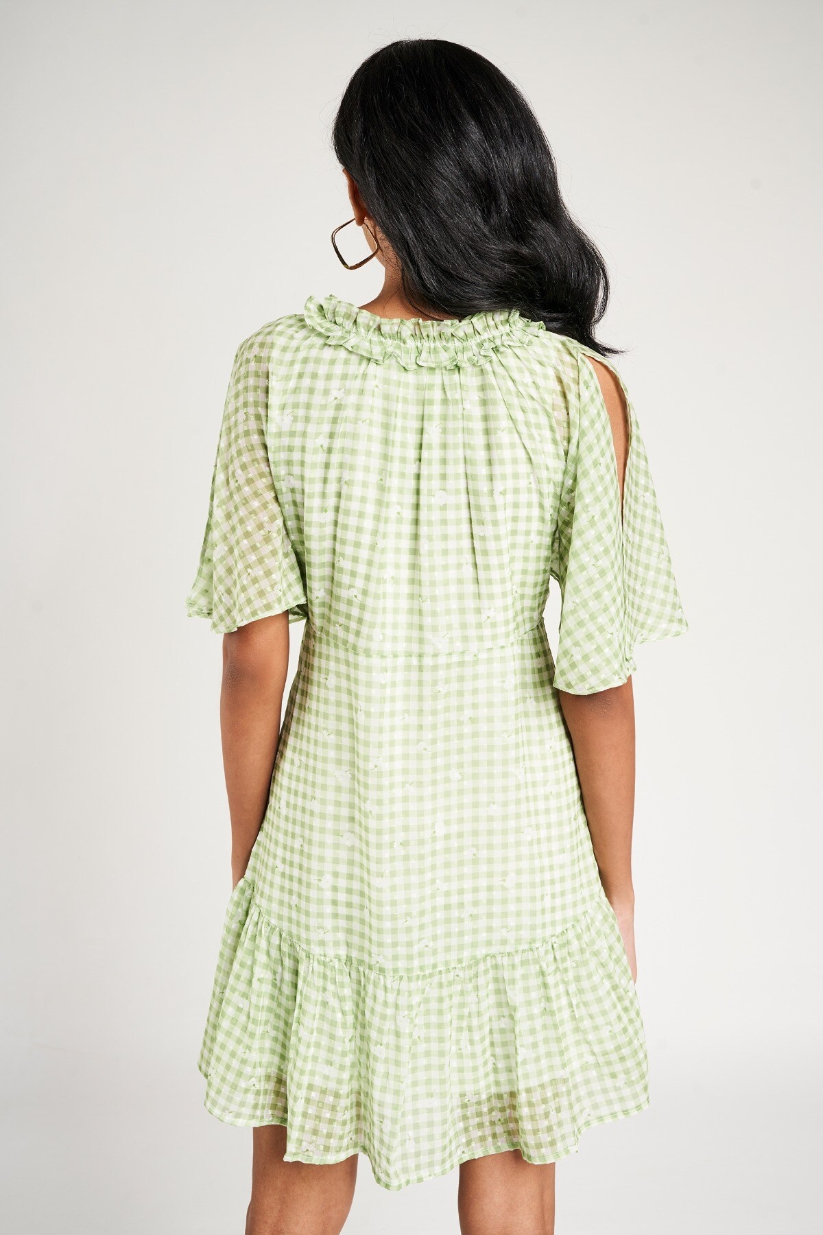 AND | Sage Green Checked Printed Fit And Flare Dress