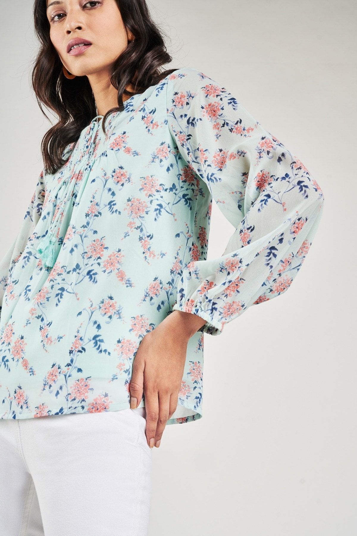 AND | Powder Blue Floral Printed A-Line Top