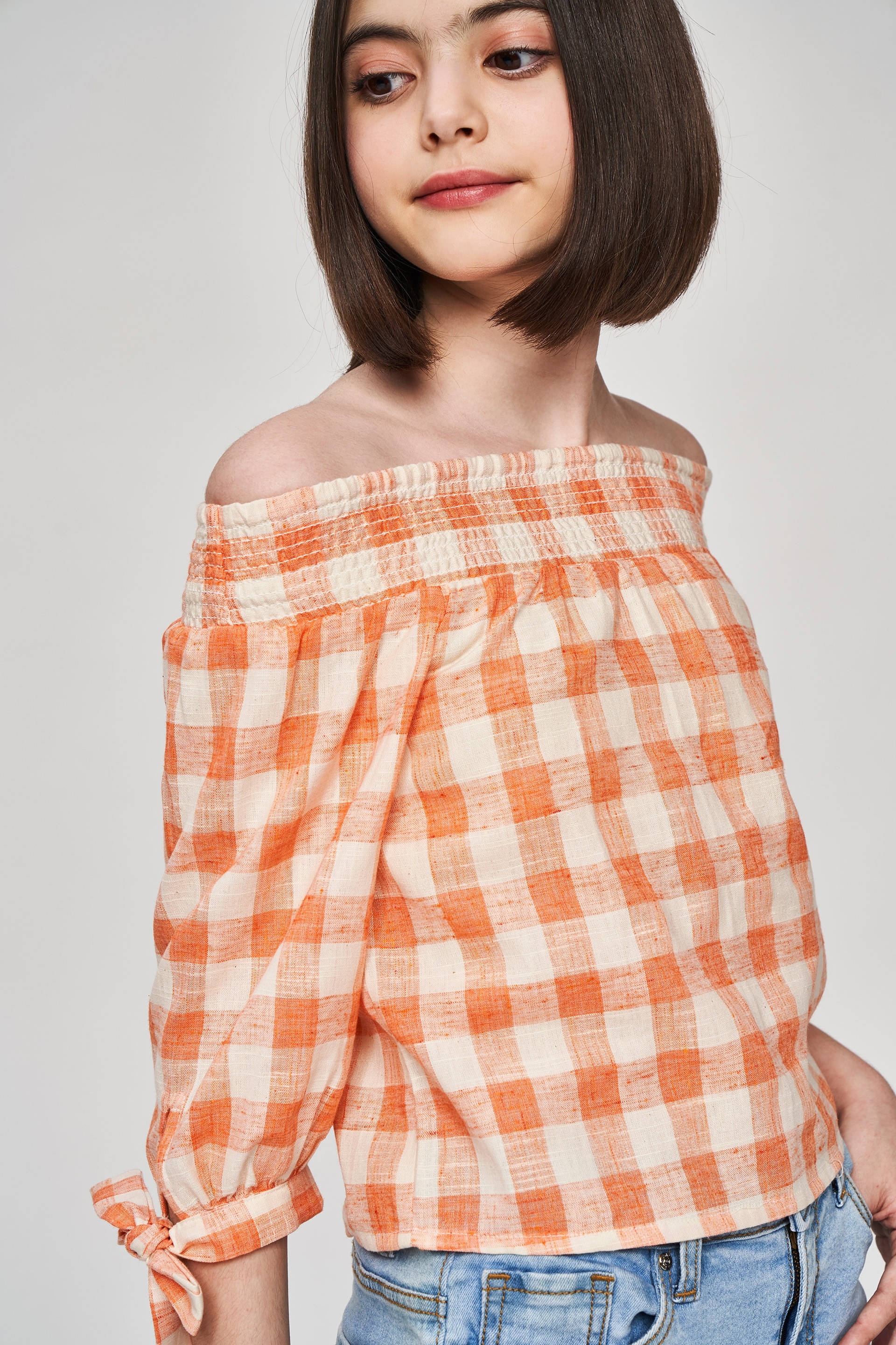 AND | Orange Checked Printed Off Shoulder Top