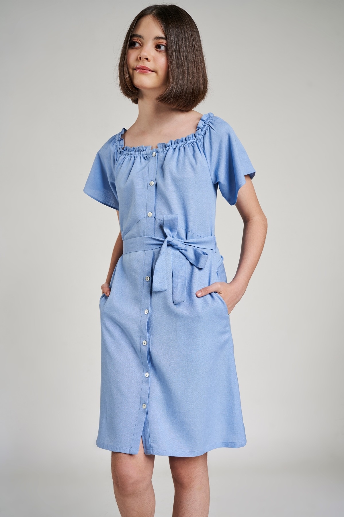 AND | Powder Blue Solid Fit And Flare Dress