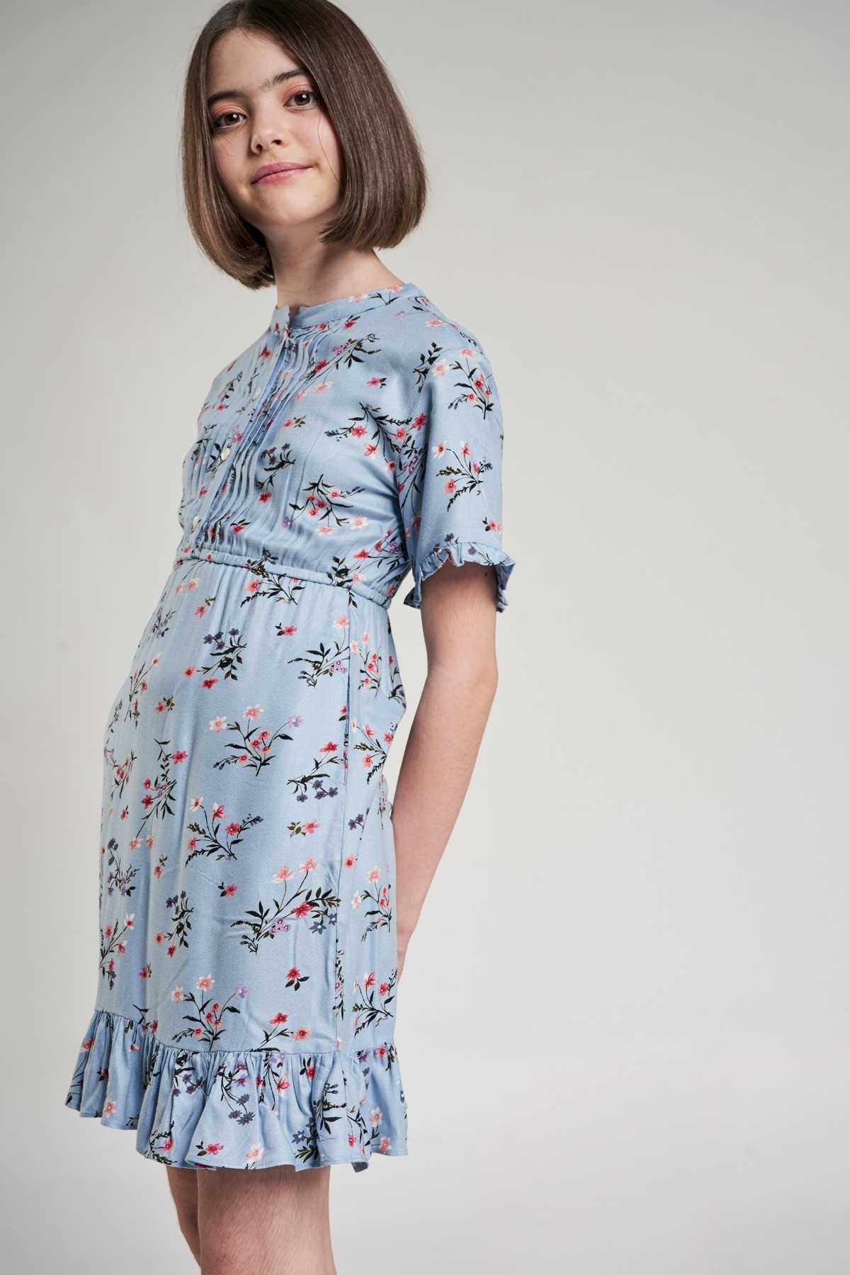 AND | Powder Blue Floral Printed Fit And Flare Dress