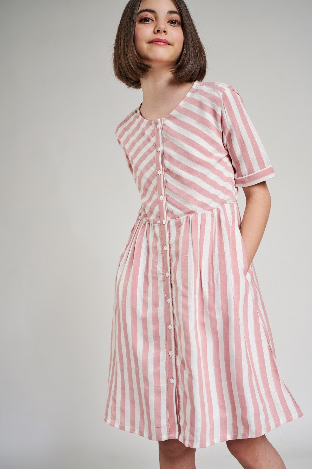 AND | Pink Striped Printed Fit And Flare Dress