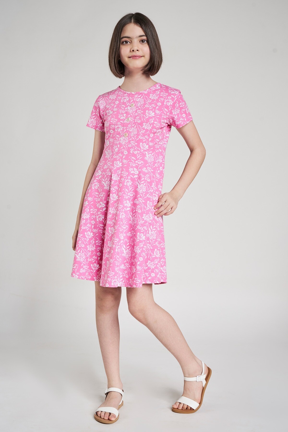AND | Pink Floral Printed Fit And Flare Dress