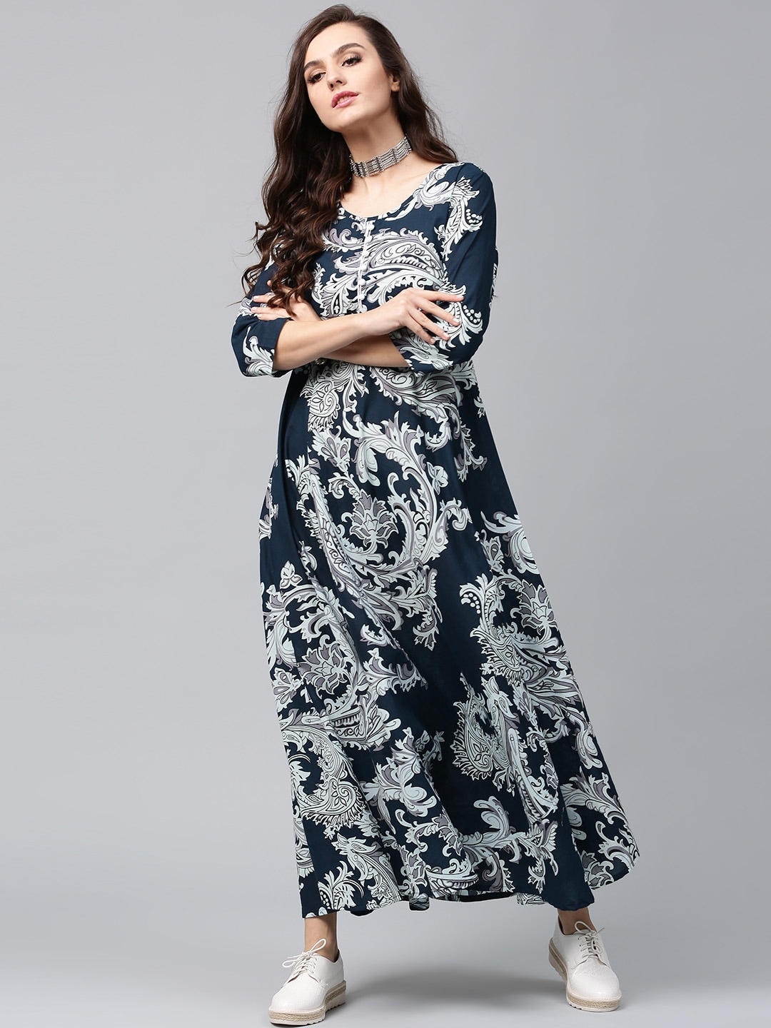 ANTARAN | Navy Blue Floral Maxi Dress 