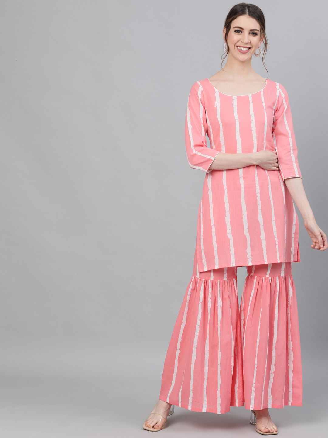 ANTARAN | Pink & White Striped Printed Kurta With Sharara Set