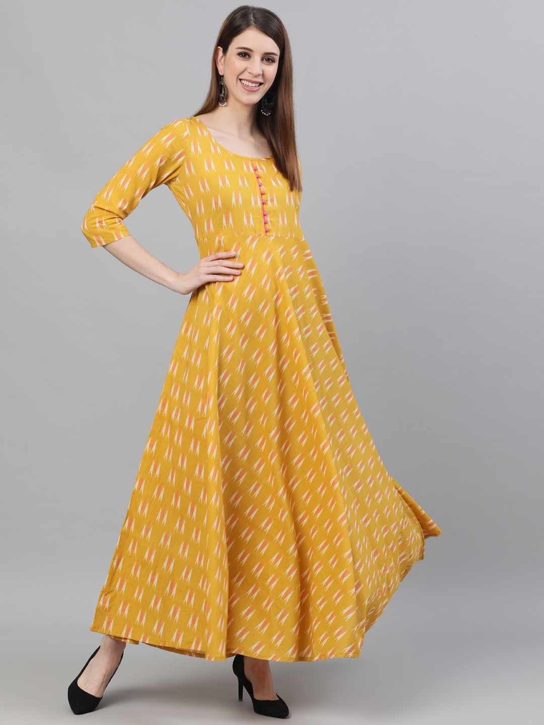 ANTARAN | Yellow Ikat Printed Flared Maxi Dress