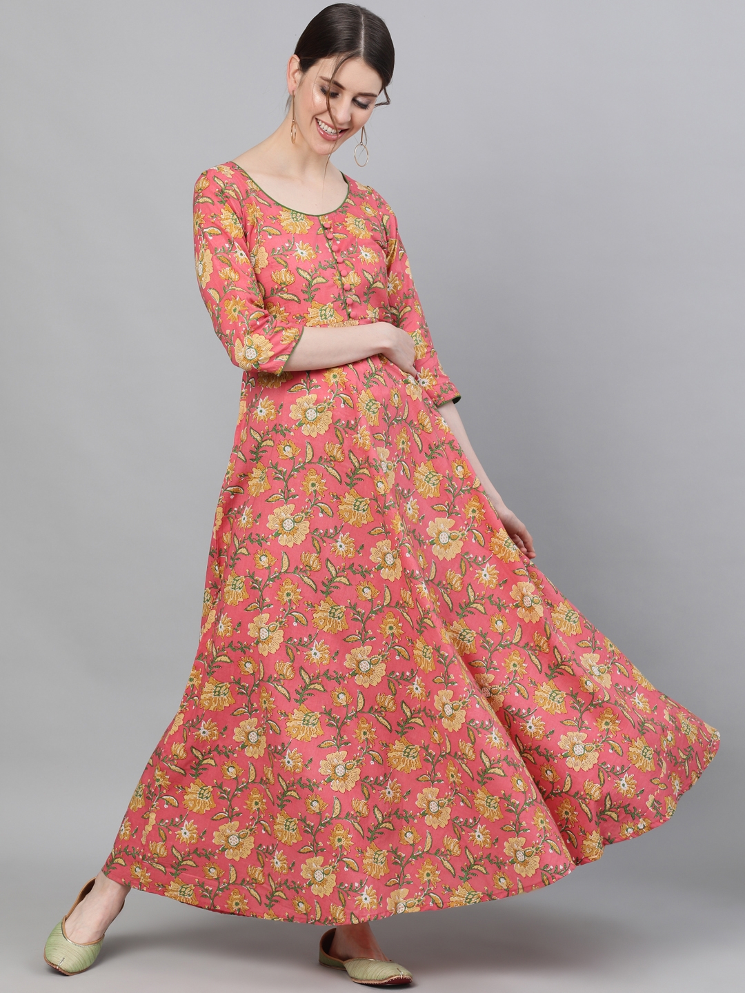 ANTARAN | Pink Floral Printed Flared Maxi Dress
