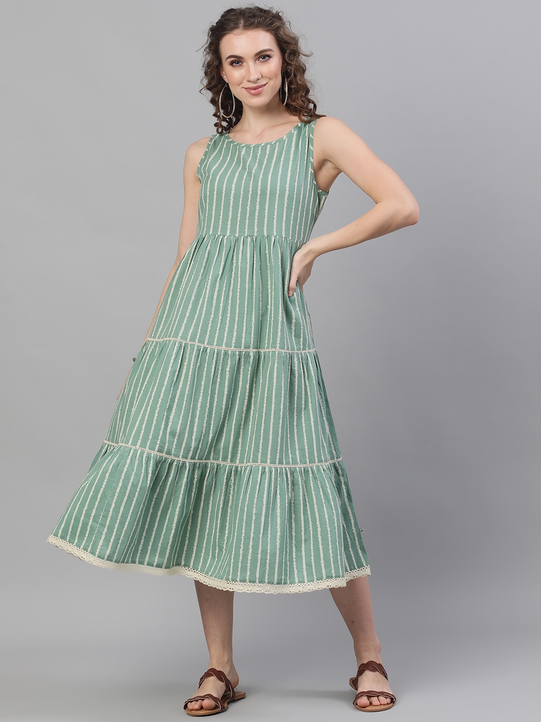 ANTARAN | Green & White Striped Printed Tiered Midi Dress