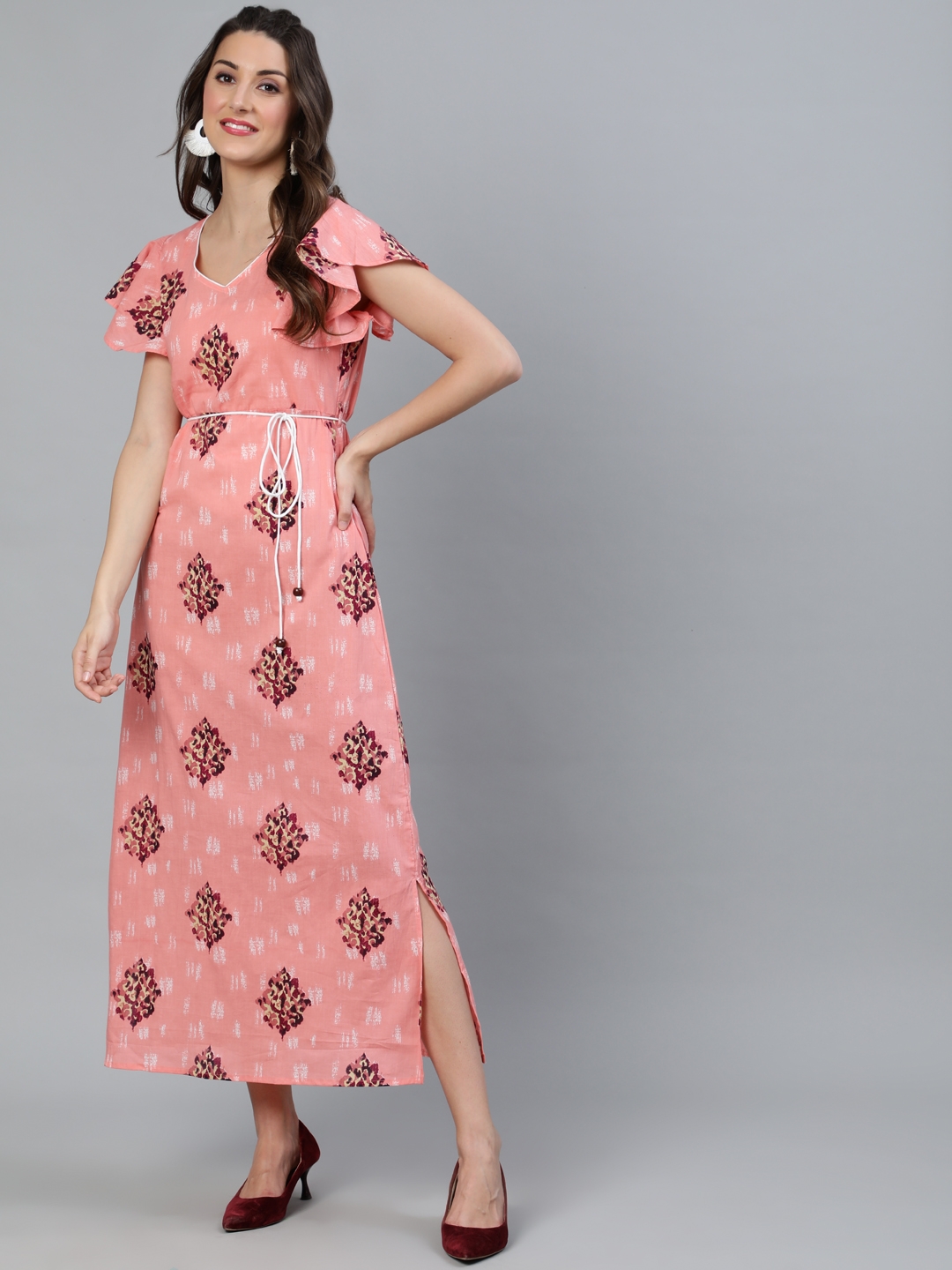 ANTARAN | Peach Floral Printed Long Dress With Ruffle Sleeve