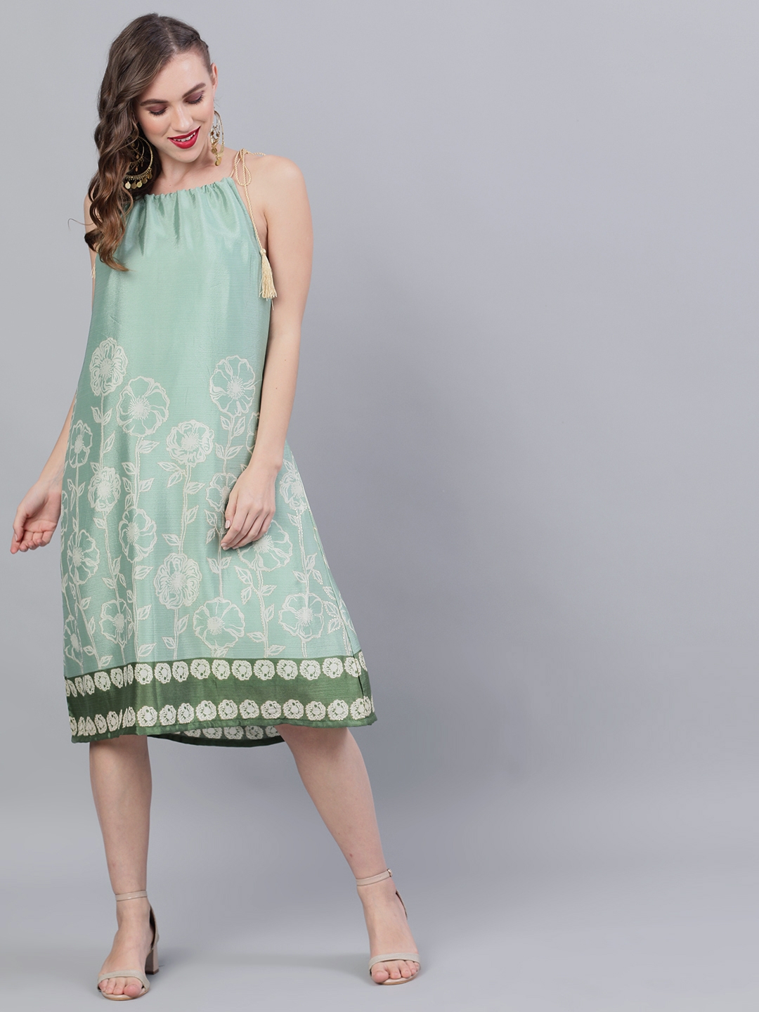 ANTARAN | Green Gold Digital Printed Printed A-Line Dress