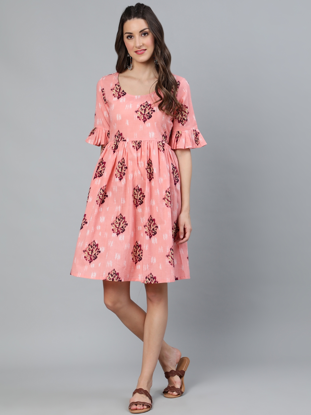 ANTARAN | Peach Floral Printed gathered Dress