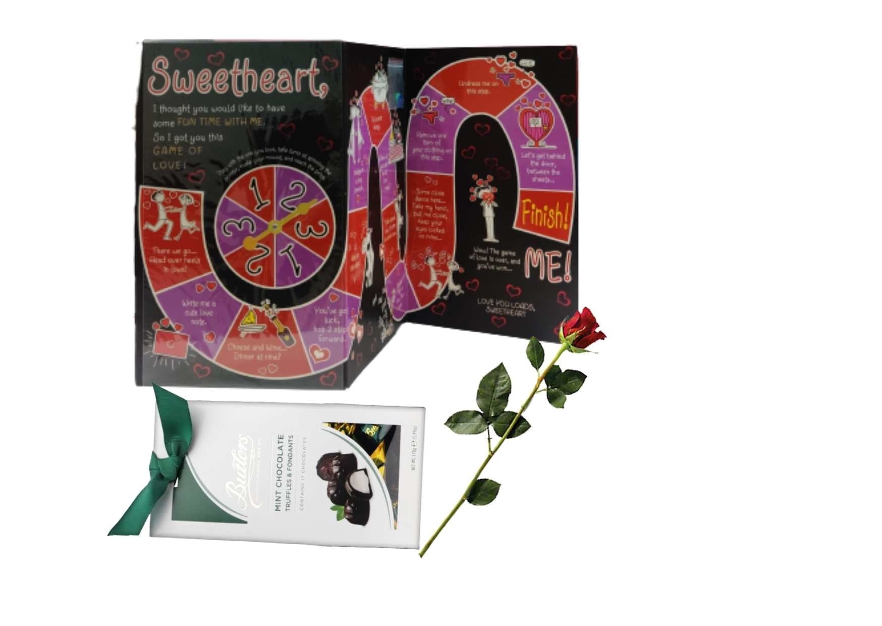 Archies | Archies 3 fold FUN TIME WITH ME  sweetheart card WITH GAME OF LOVE, VALINTINE DAY'S CARDWITH ARTIFICIAL RED ROSE AND BUTLERS MINT CHOCOLATE BOX