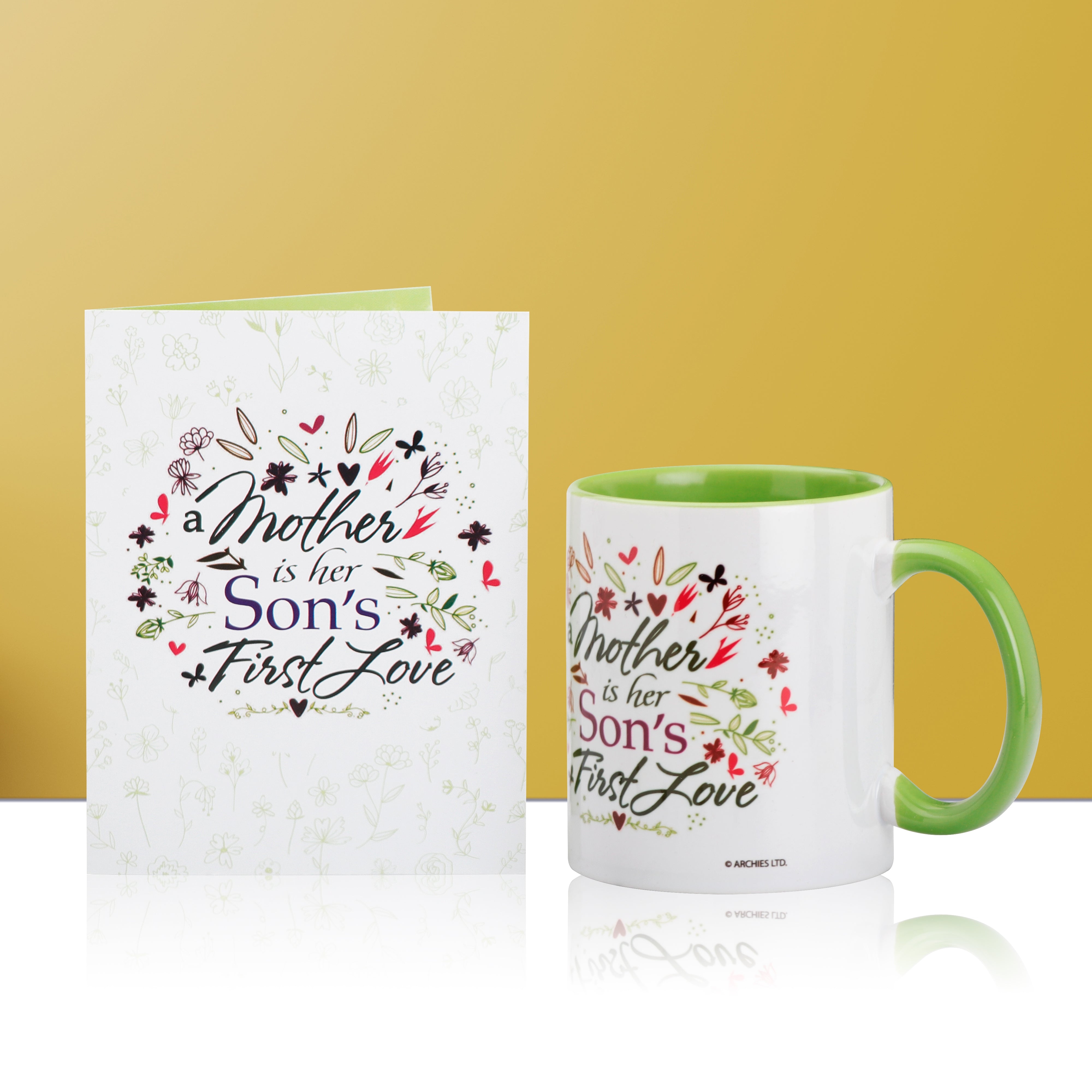 Archies ceremic "Mother is her Son first Love" Cofee mug with mini greeting card for gifting
