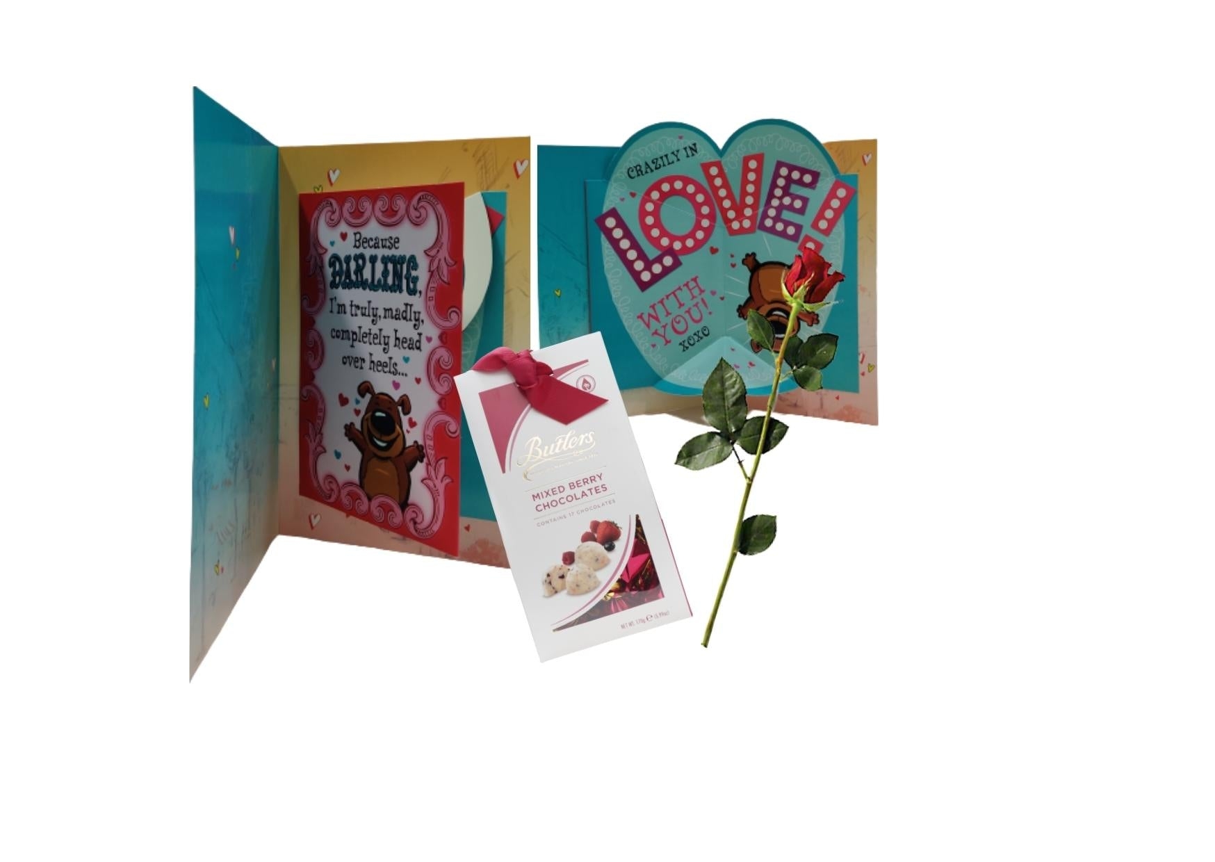 Archies | Archies I love You Pop Up VALINTINE DAY'S Greeting Card WITH ARTIFICIAL RED ROSE AND BUTLERS MIX BERRY  CHOCOLATE BOX