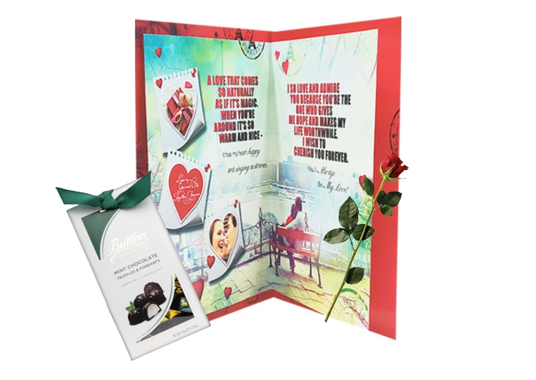Archies | Archies Rose Love VALINTINE DAY'S Greeting Card with foldable message WITH ARTIFICIAL RED ROSE AND BUTLERS MINT CHOCOLATE BOX