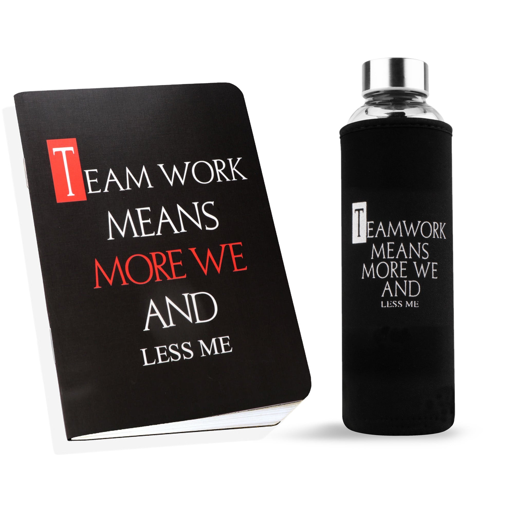 Archies Printed Glass Sipper Water Bottle With Protector Cover & Notebook combo with Corporate Quote Theme 
