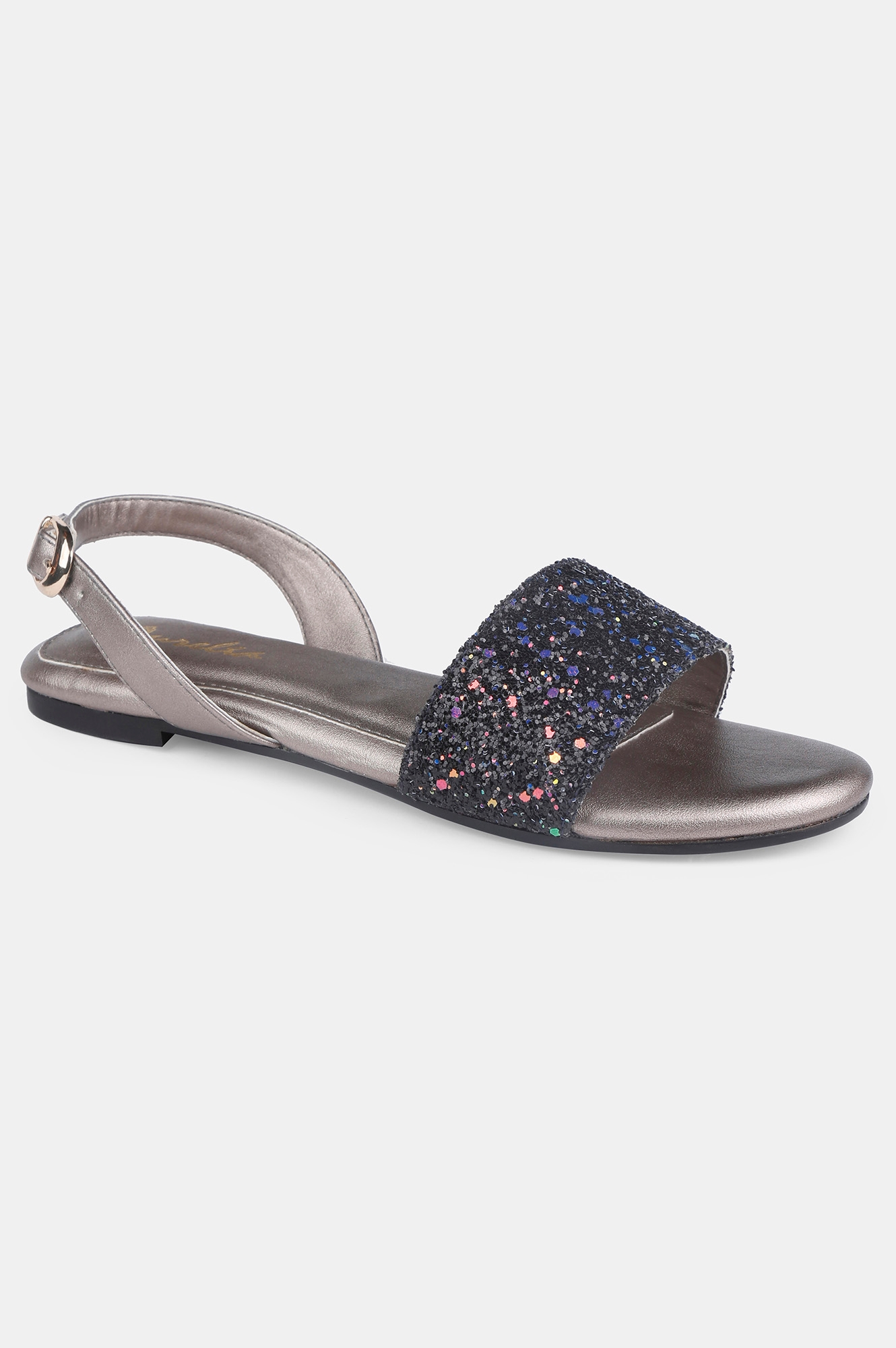 Aurelia | Aurelia Black Glitter Almond Toe Textured Flat