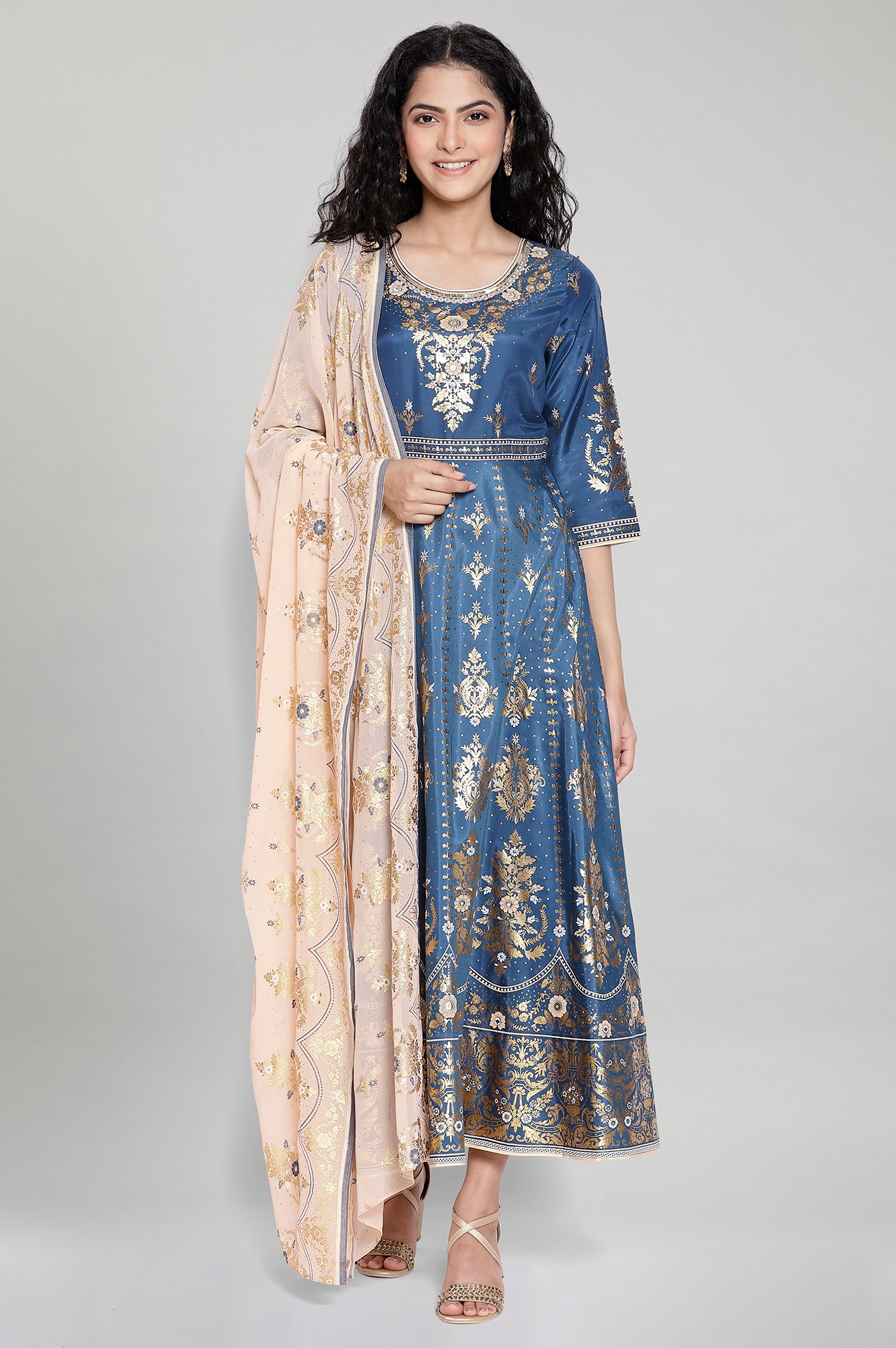 Aurelia | Blue Printed Ethnic Dress-Dupatta Set