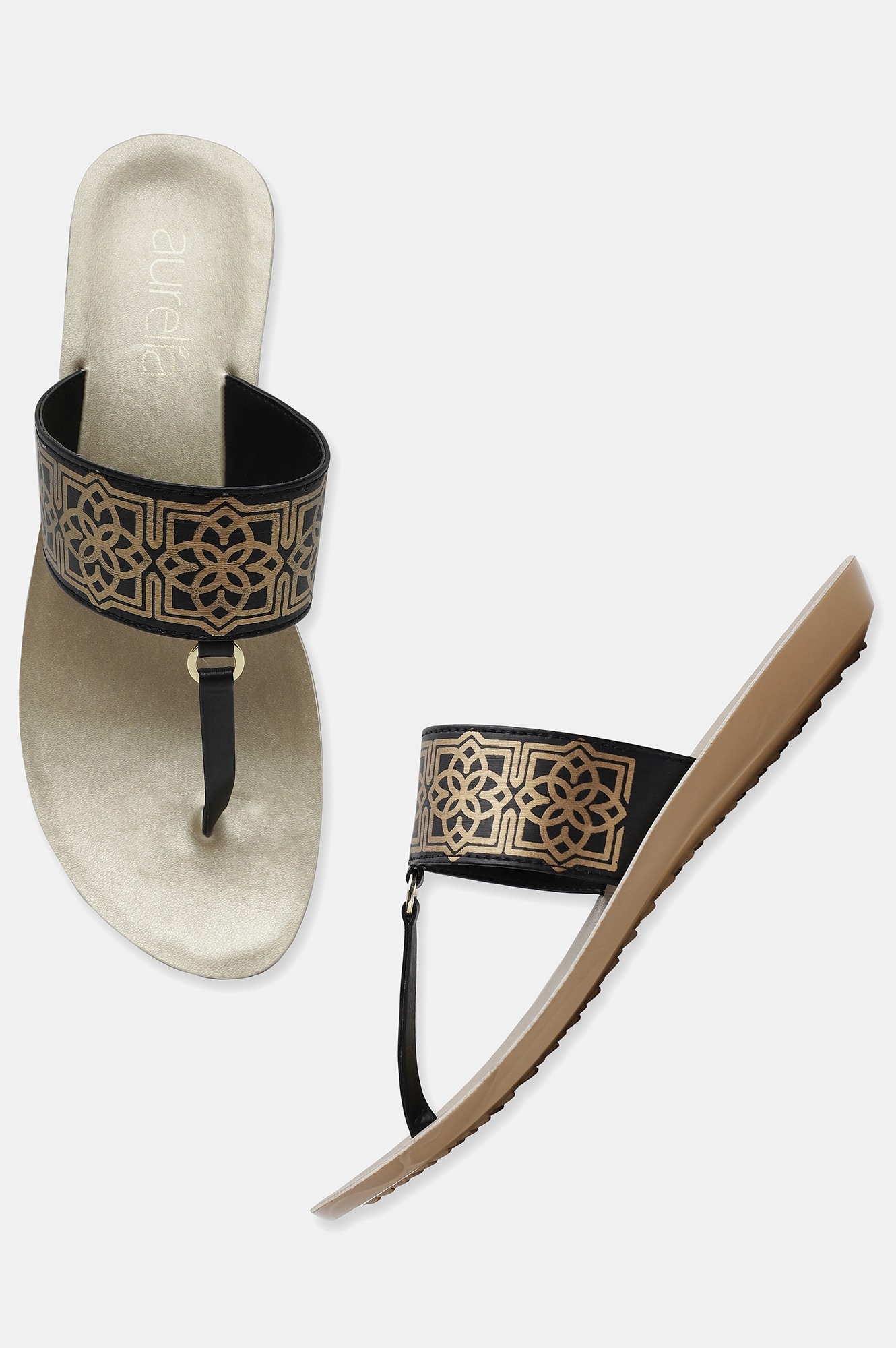 Aurelia | Classic t-strap slip on with beautiful foil printed motif for party wear 