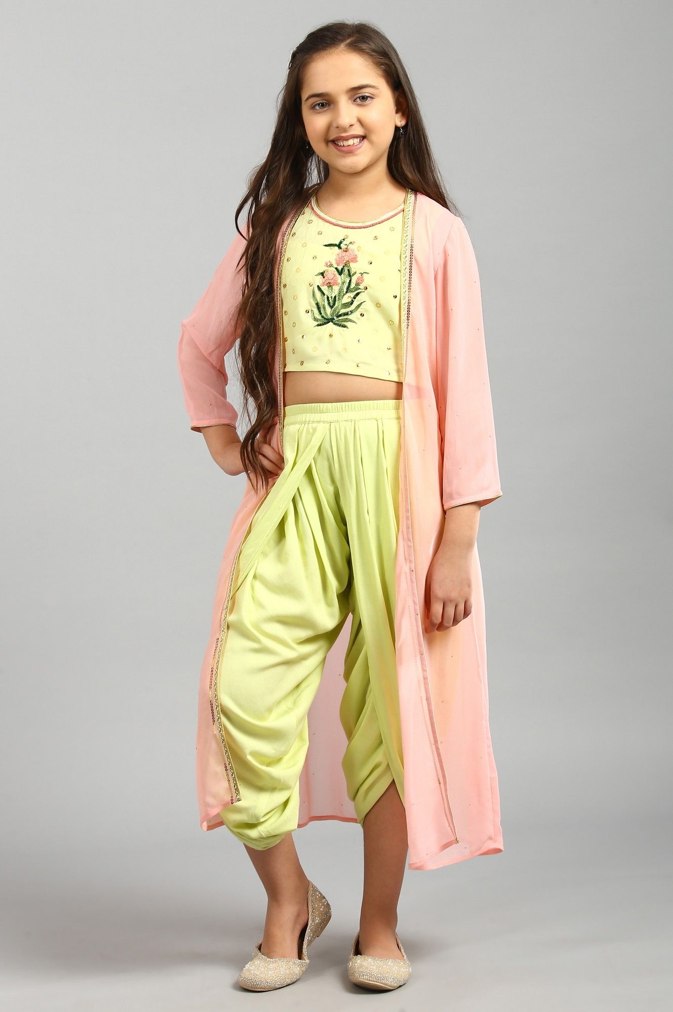 Aurelia | Pista Green Top-Salwar-Pink Gilet Girls Set