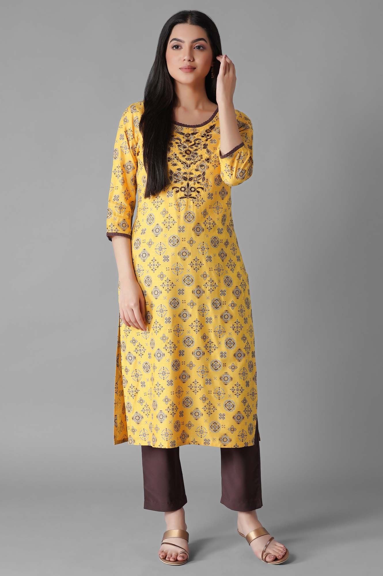 Aurelia | Mustard Glittered Geometric Print Kurta-Trousers Set
