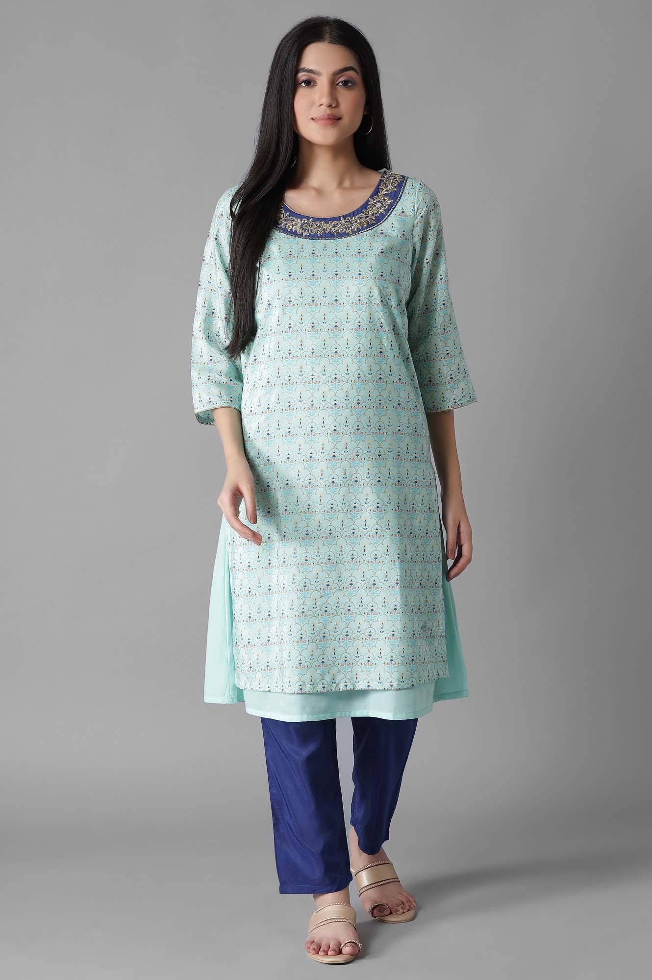 Aurelia | Blue Mughal Print A-Line Kurta-Trousers Set