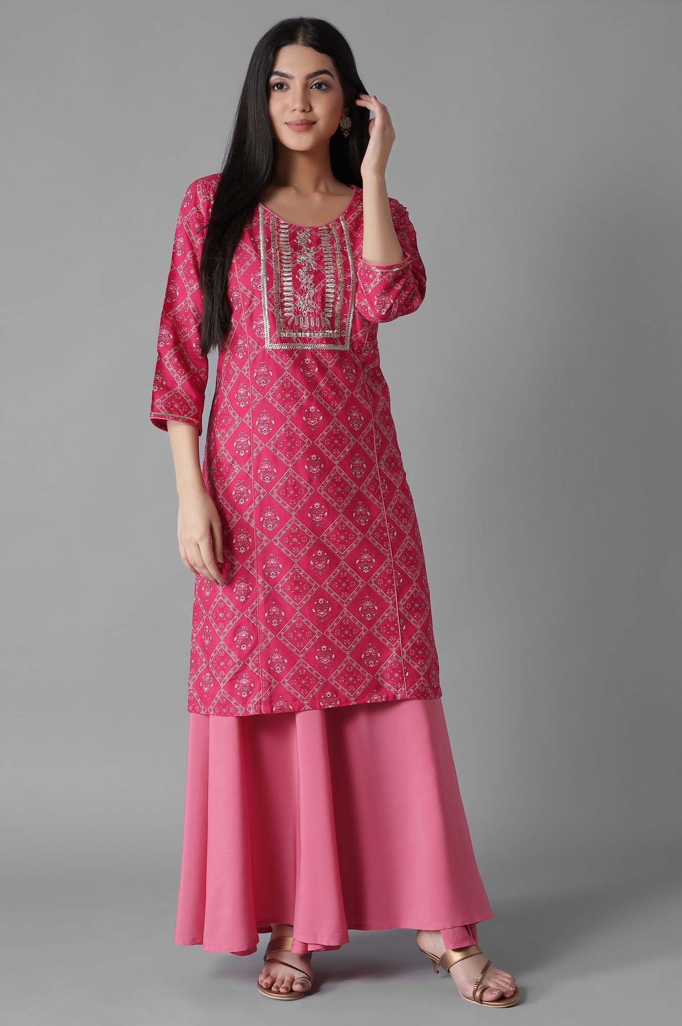 Aurelia | Pink Mughal Print Panelled Kurta-Flared Palazzos Set