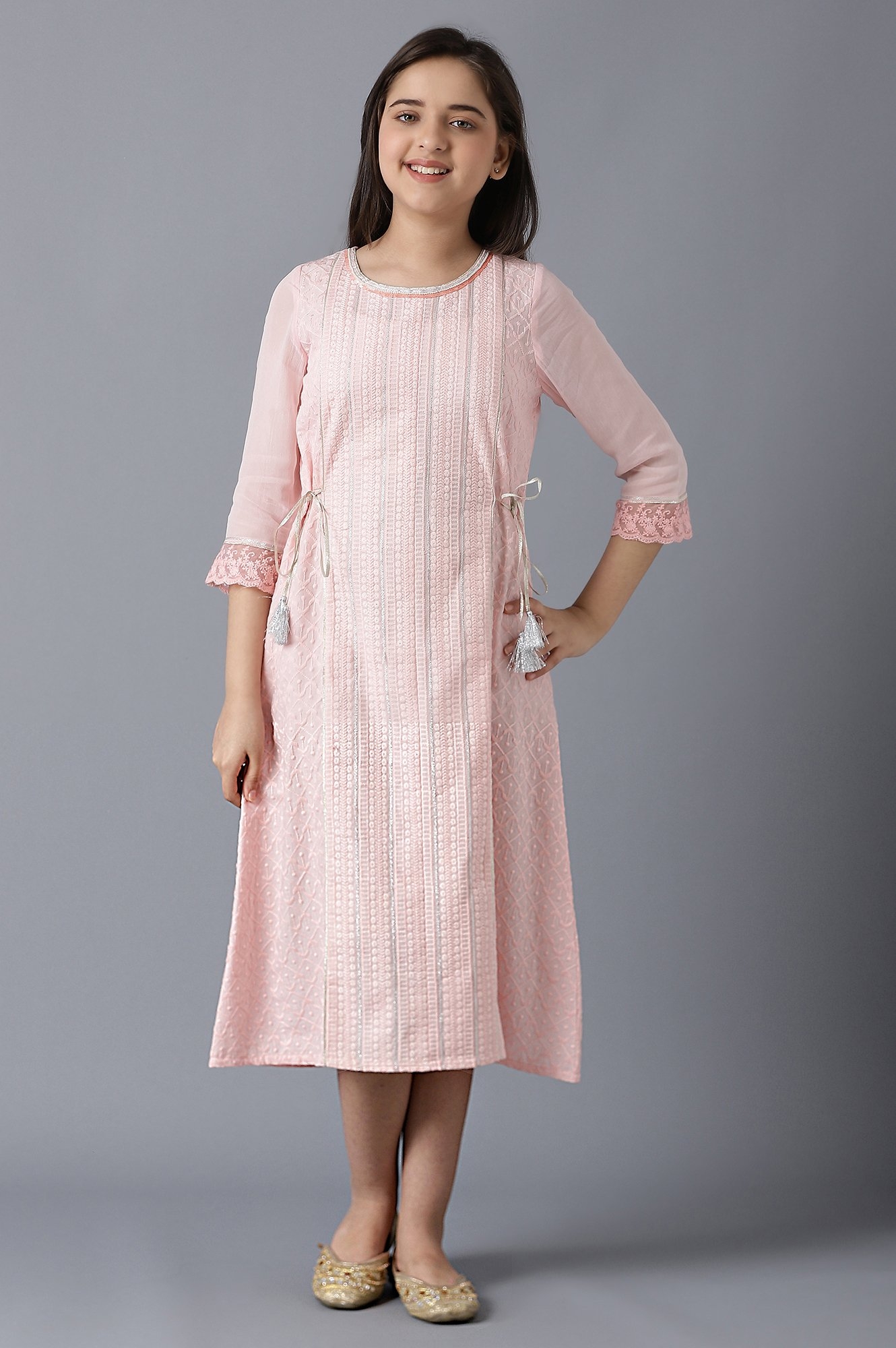 Aurelia | Girls Pink Sequined Schiffli Dress