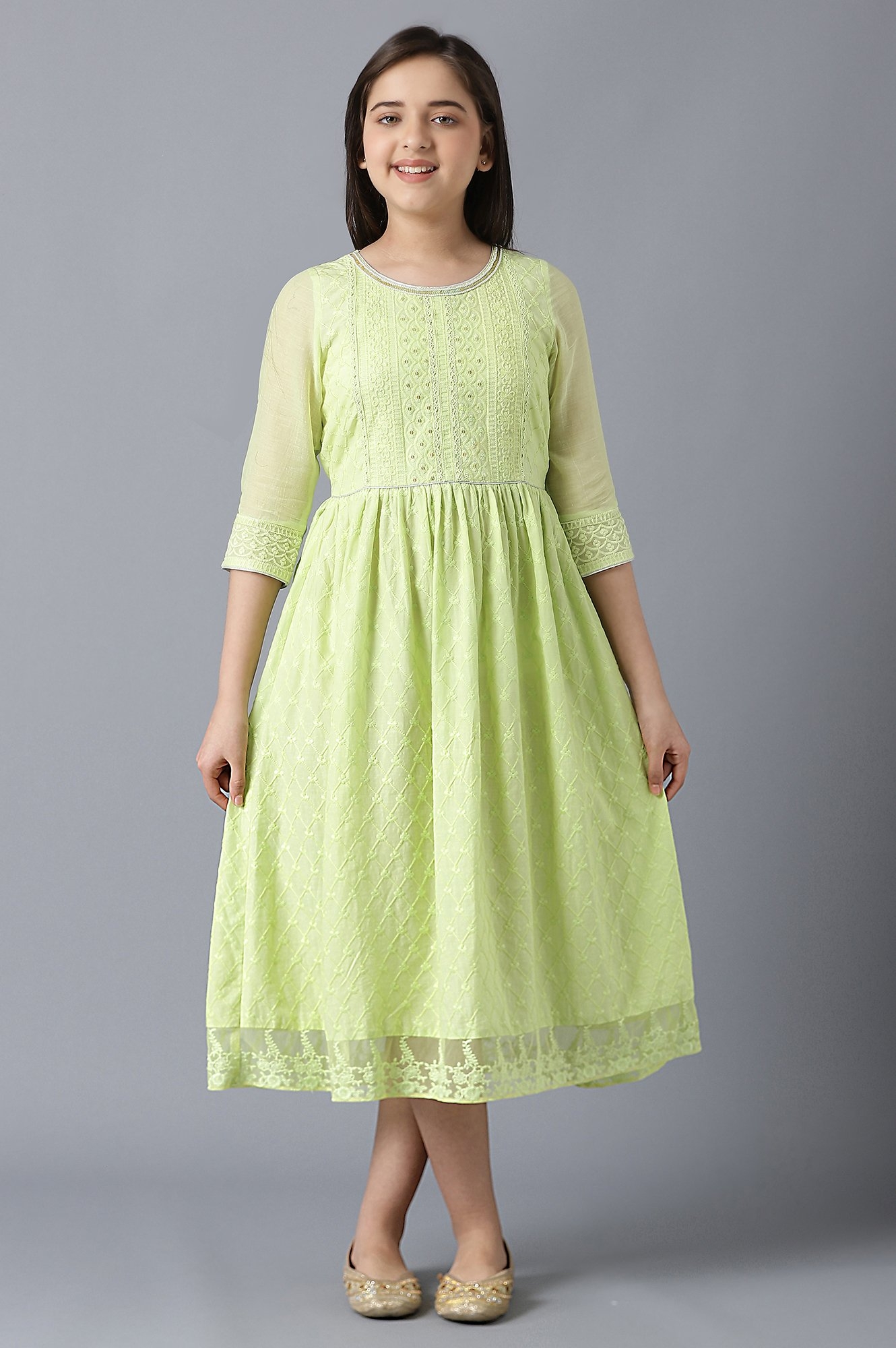 Aurelia | Girls Green Sequinned Flared Schiffli Dress