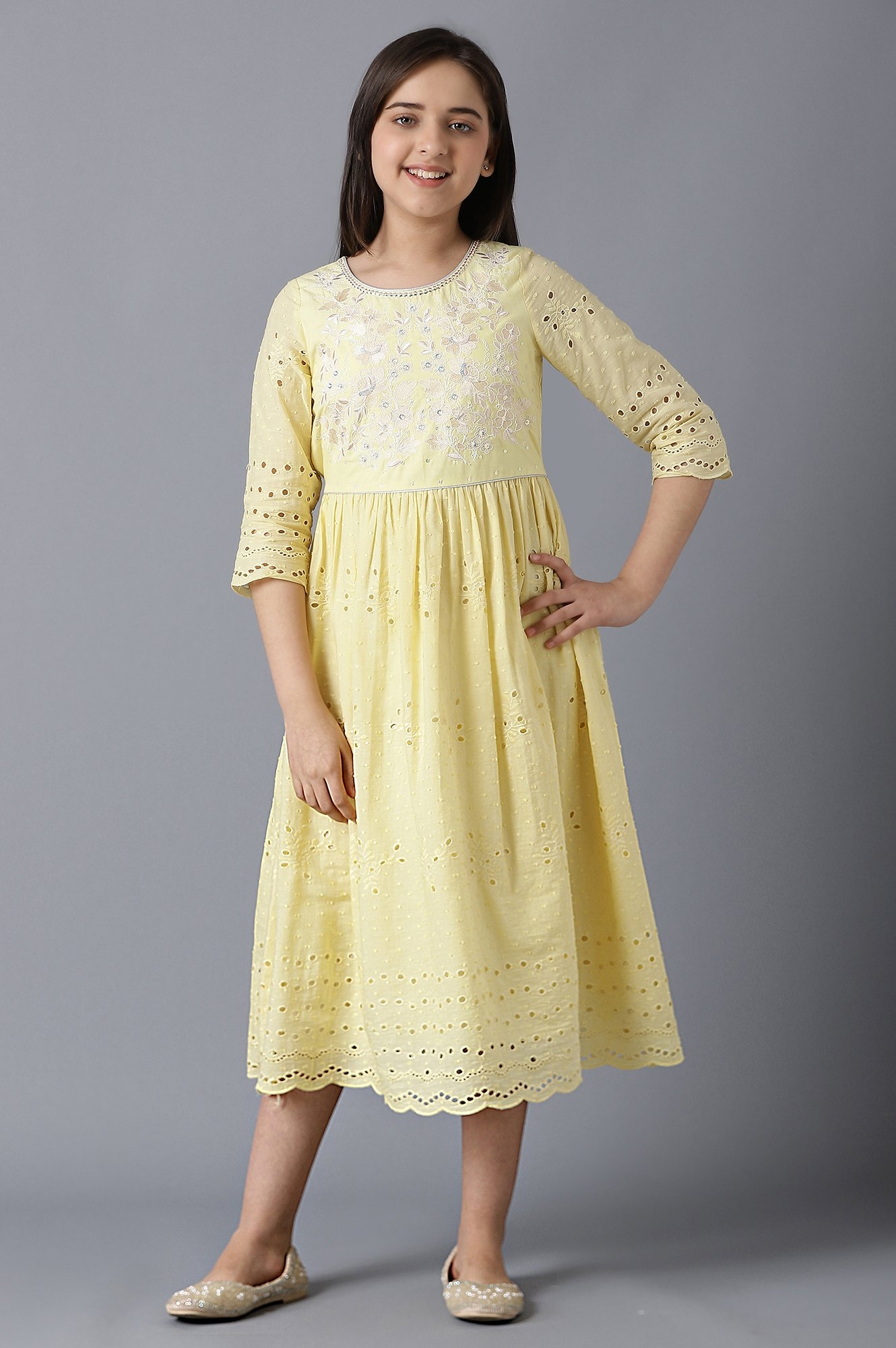Aurelia | Girls Yellow Sequinned Schiffli Dress