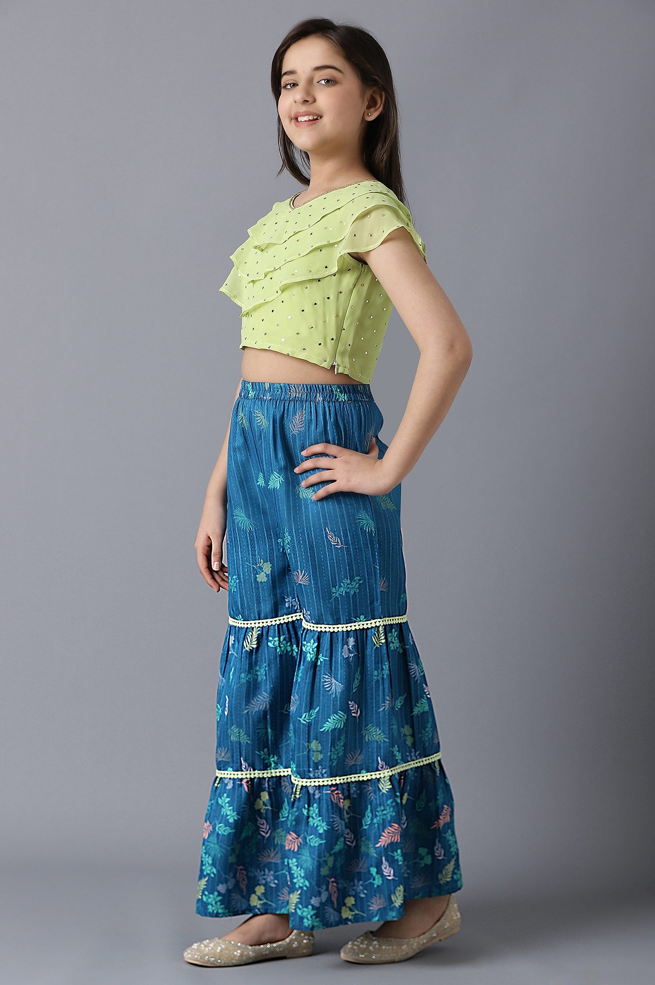 Aurelia | Light Green Sleeveless Emboss Top With Blue Printed Sharara 2