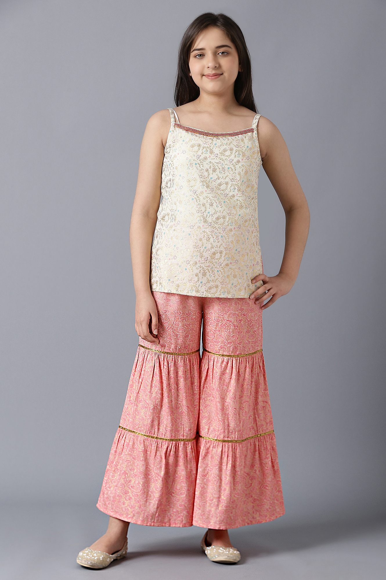 Aurelia | Girls Pink Foil Printed Gilet With Sleeveless White Kurta And Pink Flared Skirt