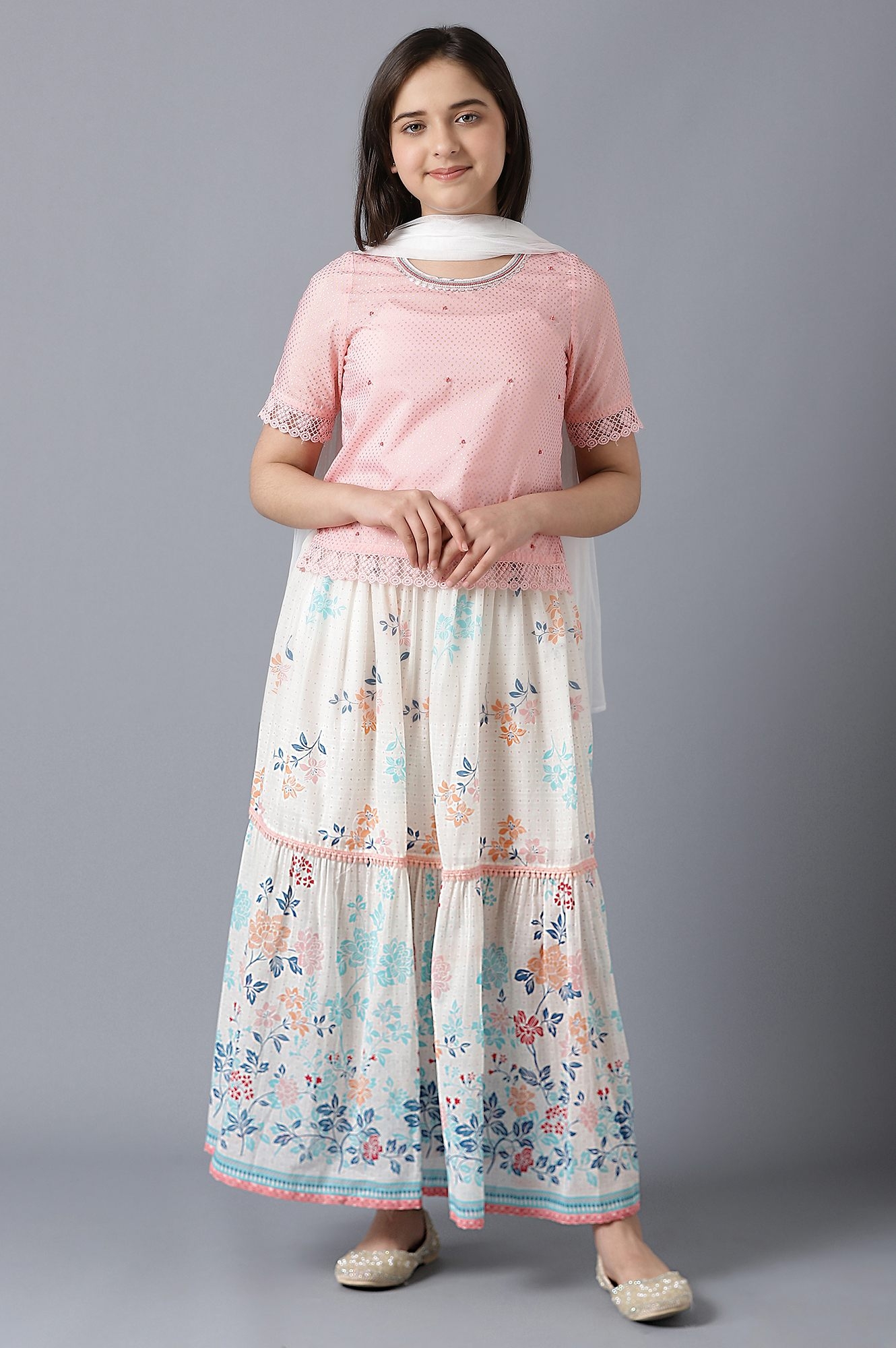 Aurelia | Pink Straight Top With White Flared Skirt And Dupatta