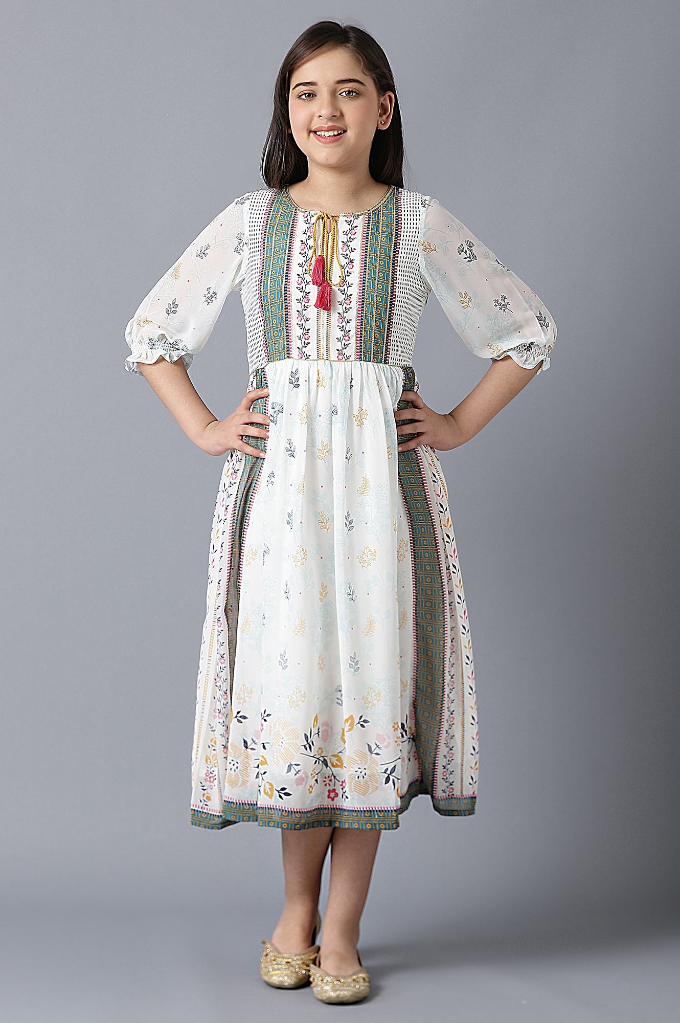 Aurelia | Girls White Georgette Printed Dress 