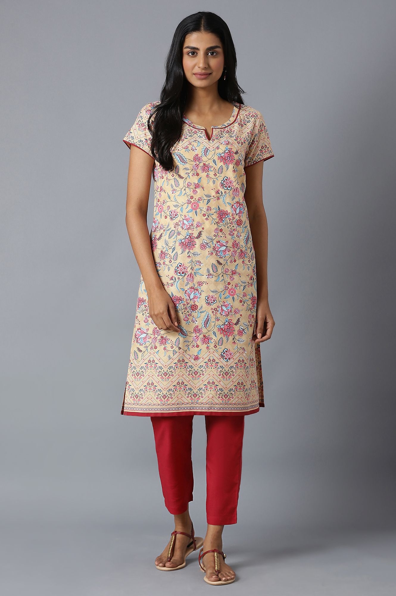 Aurelia | Aure By Aurelia Natural Floral Printed Kurta in Band with V Neck with Maroon Solid Trousers