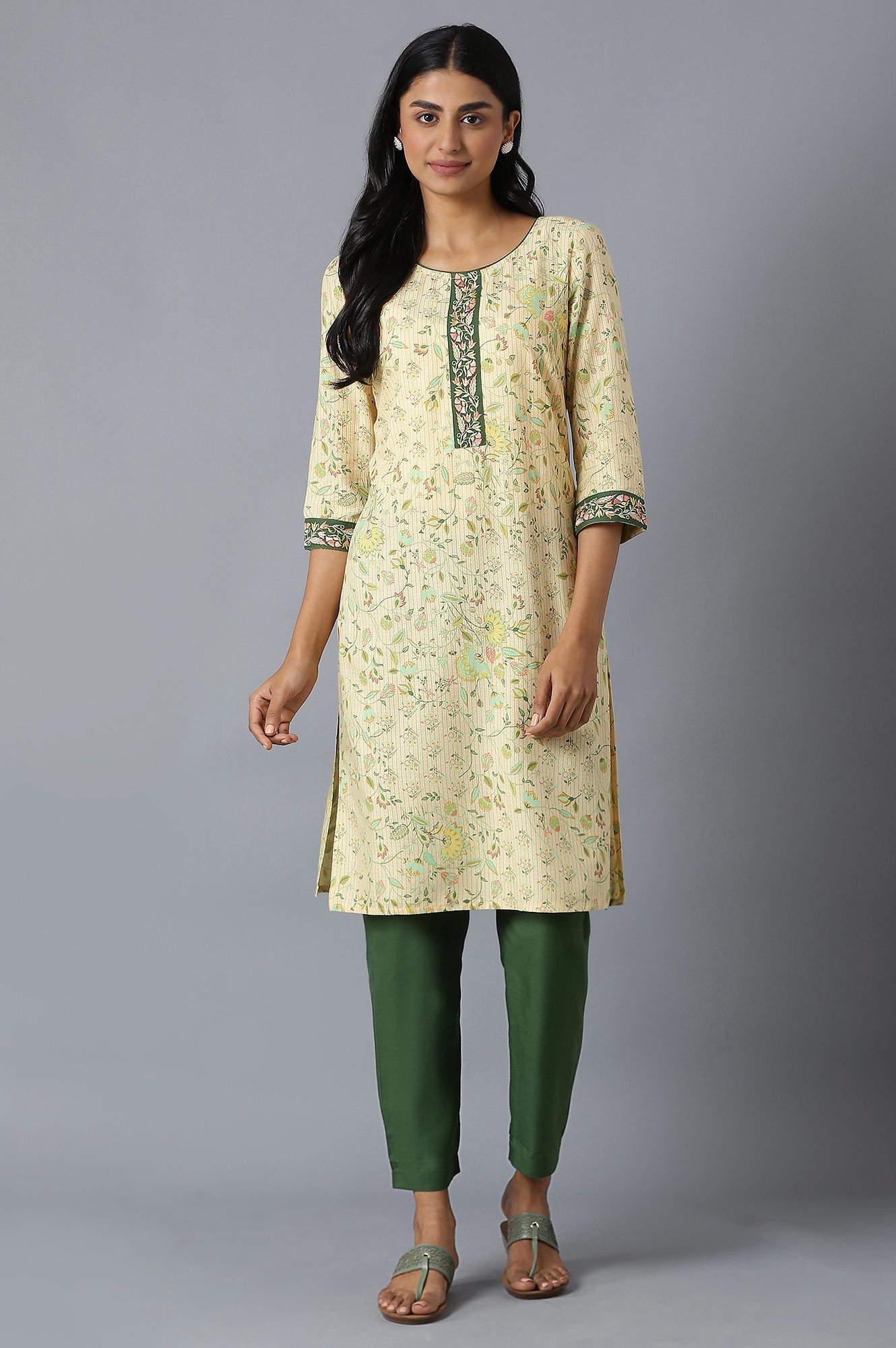 Aurelia | Aure By Aurelia Natural Floral Printed Kurta in Round Neck with Olive Solid Trousers