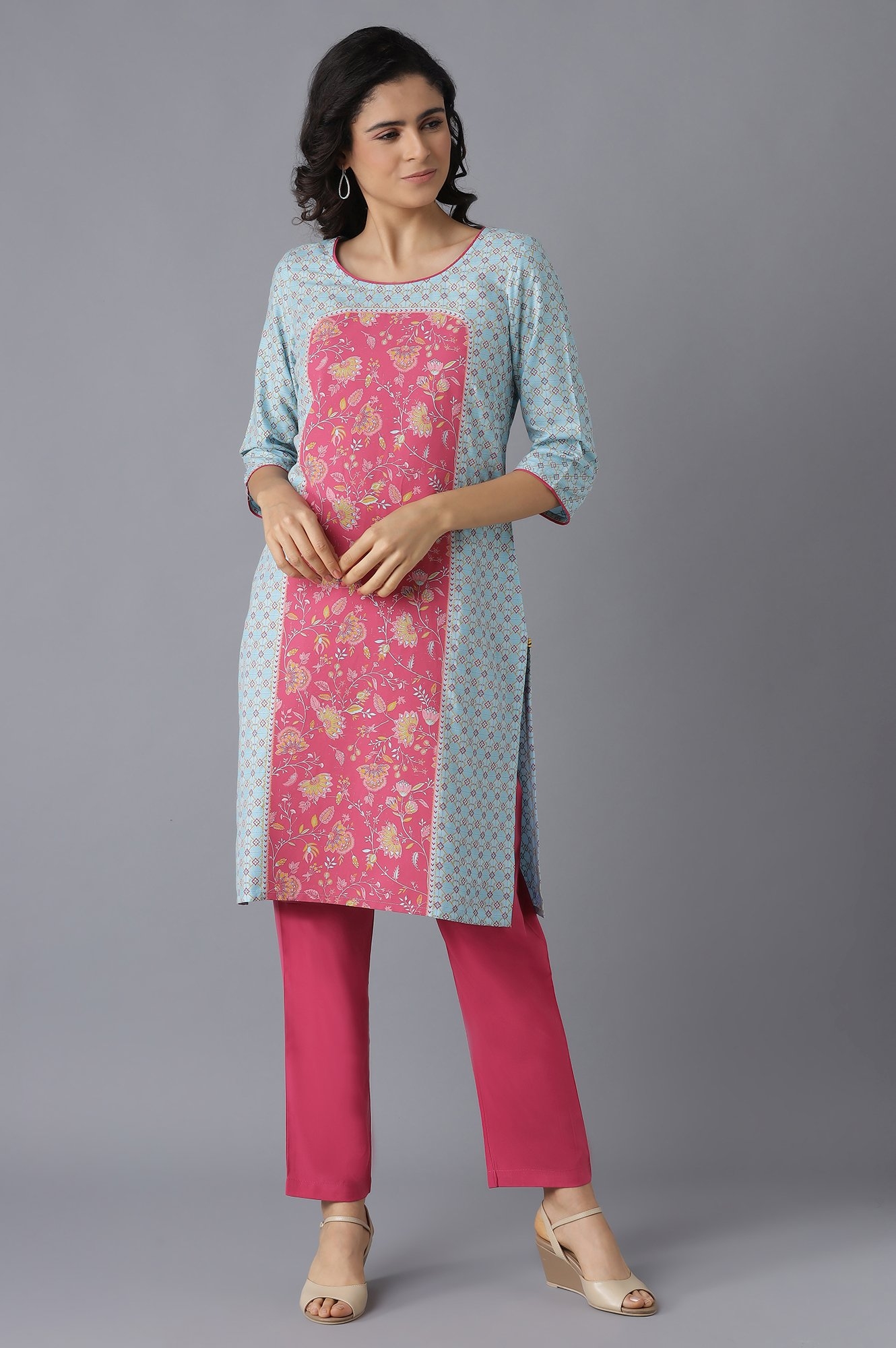 Aurelia | Aure By Aurelia Blue Floral Print Kurta and Pink Trousers Set