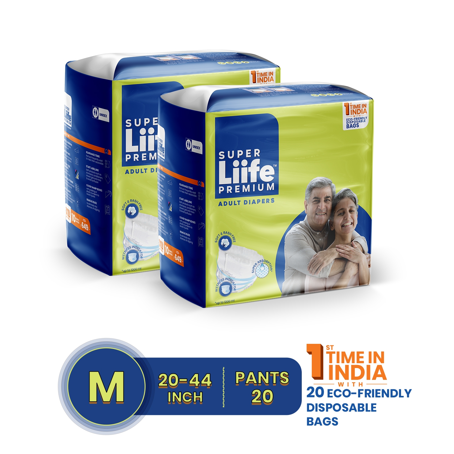 Super Liife | Super Liife Rash Free Adult Diapers Pants with Wetness Indicator and Disposable Bags - 20 Count (Medium)
