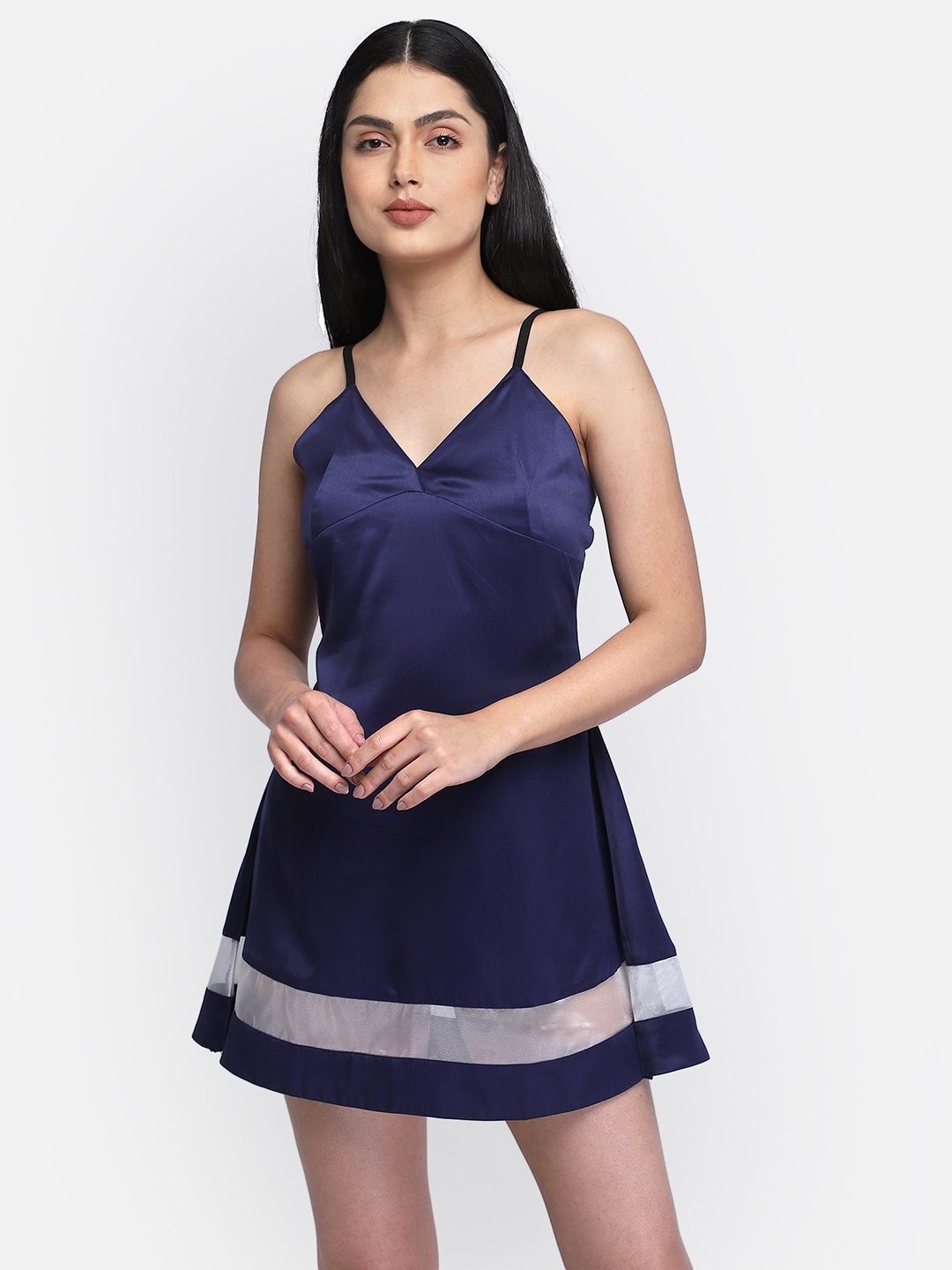 Smarty Pants | Smarty Pants women's silk satin navy blue color sheer white cut out baby doll. 