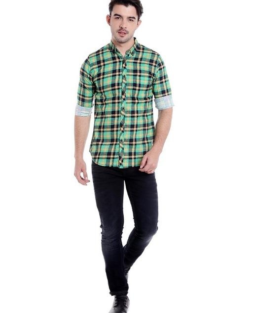 Hemsters | Hemsters Green With yellow Checked Shirt For Mens
