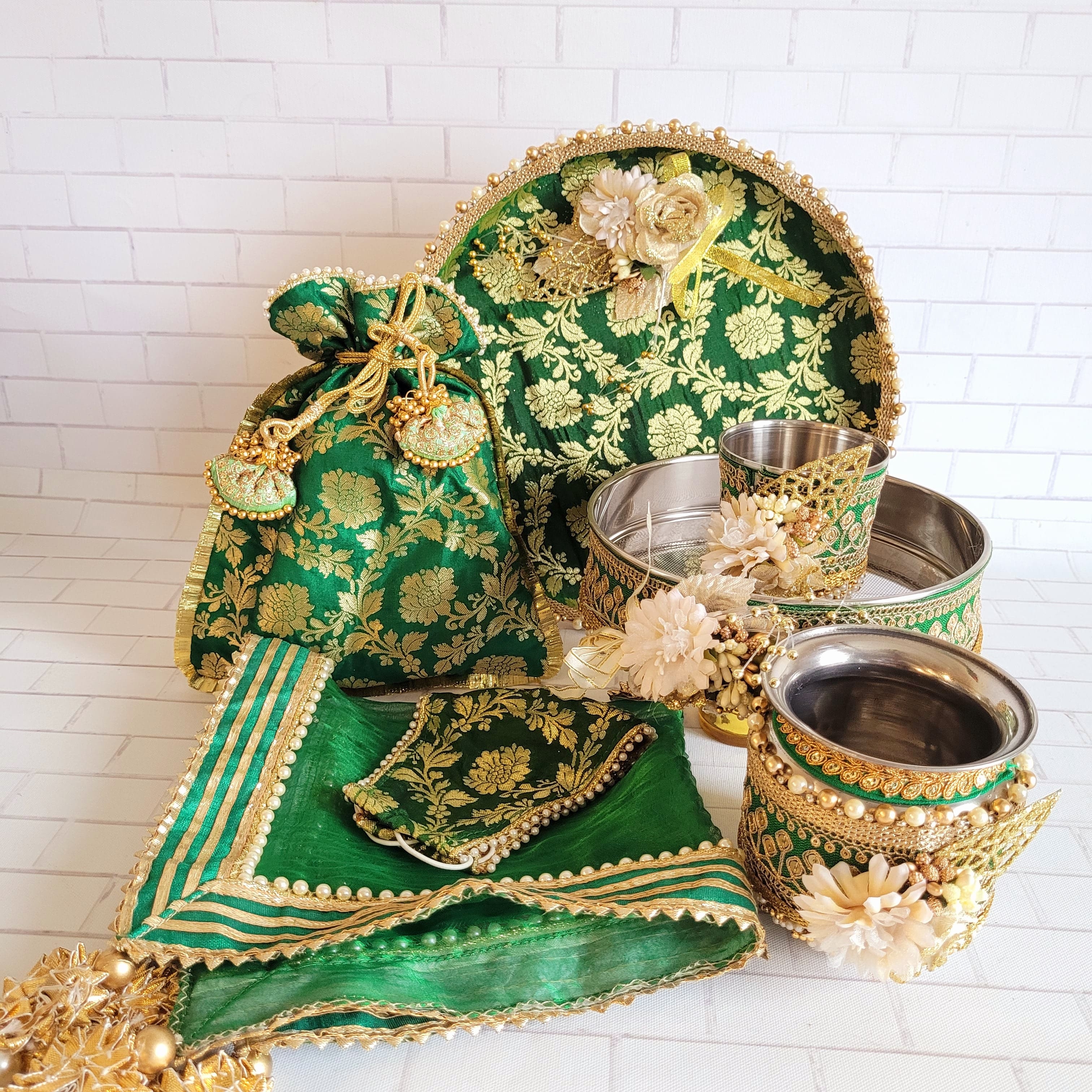 Green & Gold Floral work Karva Chauth Thali Set