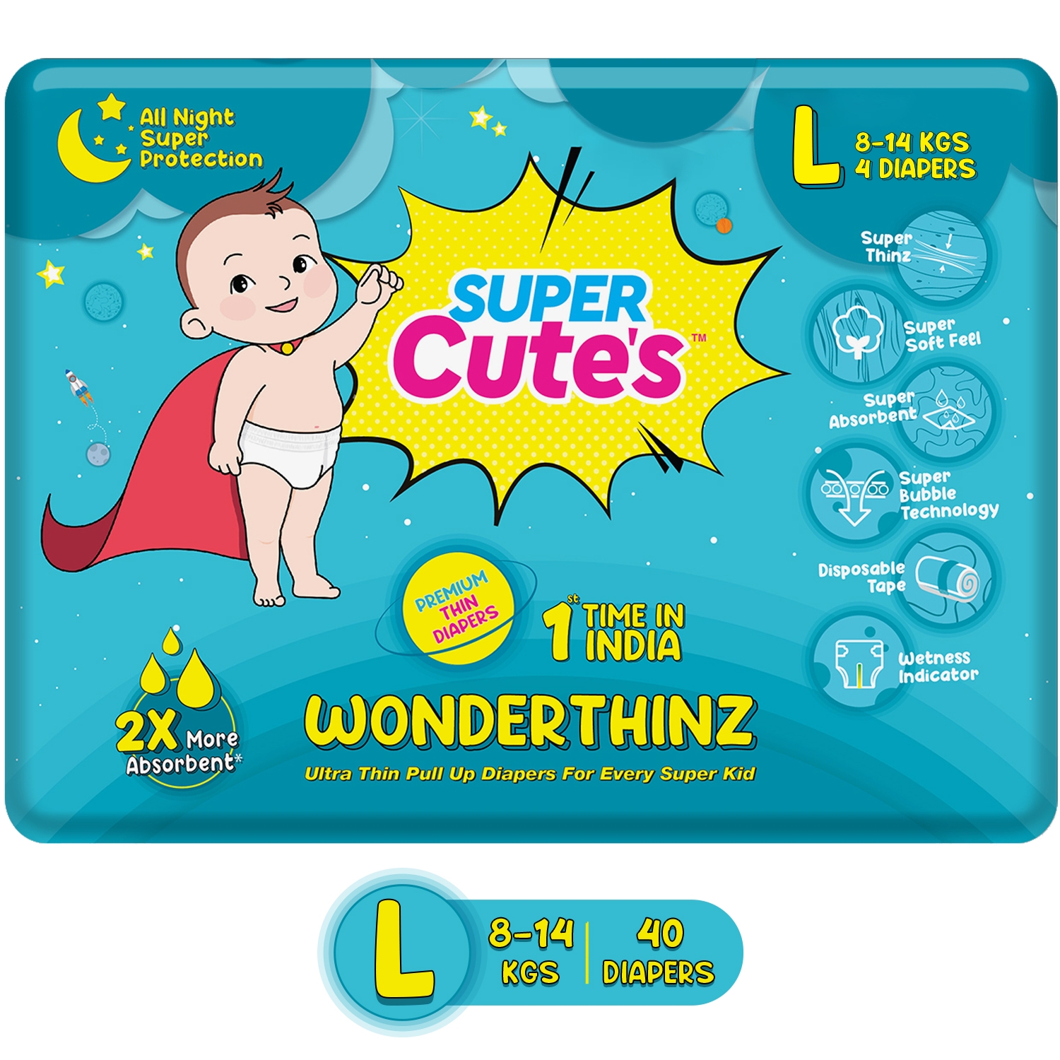 Super Cute's | Super Cute's Wonderthinz Diaper - Large (9-14 Kg) - 4 Pieces (Combo Of 10)