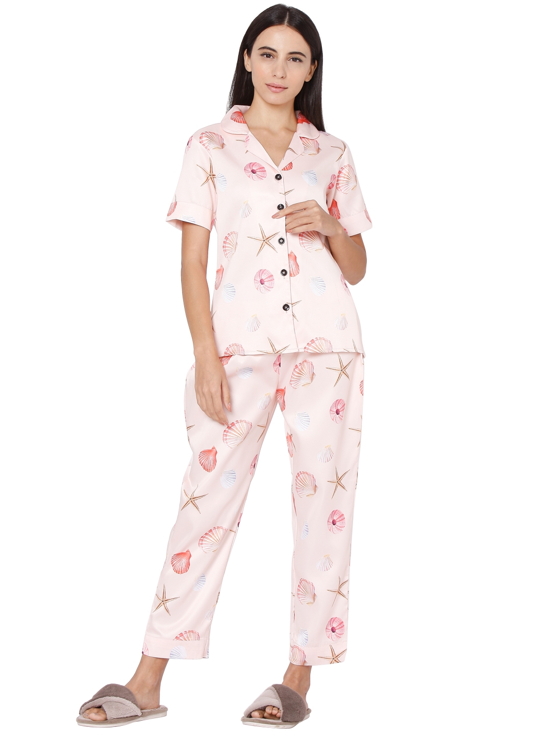 Smarty Pants | Smarty Pants Women's Silk Satin Pastel Pink Color Seashells Print Night Suit